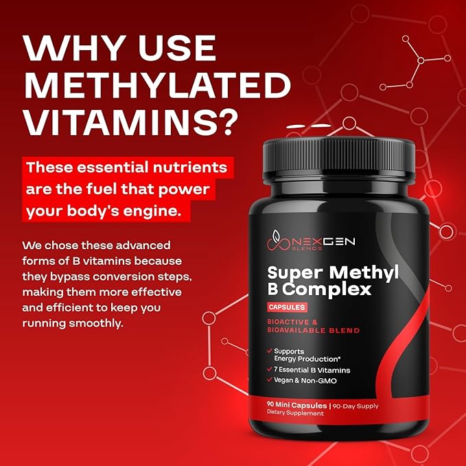 Methylated B Complex Vitamin Supplement - Bioactive Methyl B Complex with 5-MTHF Methyl Folate & B12 Methylcobalamin for Brain Heart Energy & Homocysteine Support - Super Vitamin B Complex - 90 Caps