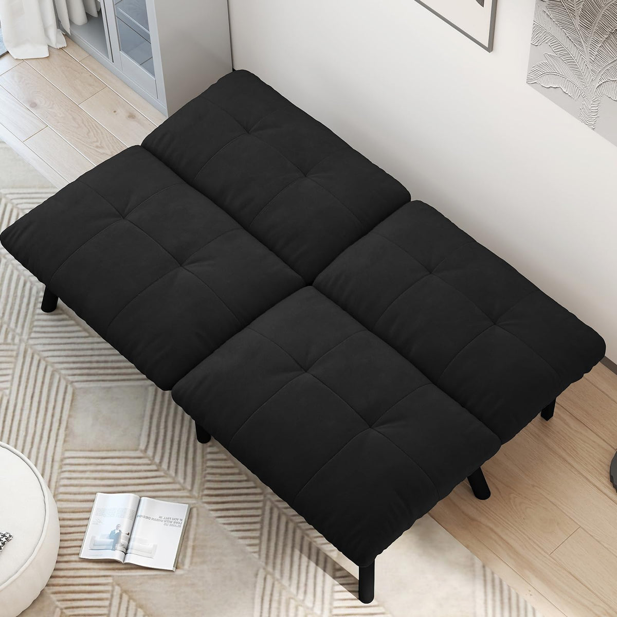 homeokay Futon Sofa Sleeper Couch Bed with Adjustable Backrest Thick Cushion Velvet Fabric for Department Living Room Lounge Sofa Loveseat (Black)