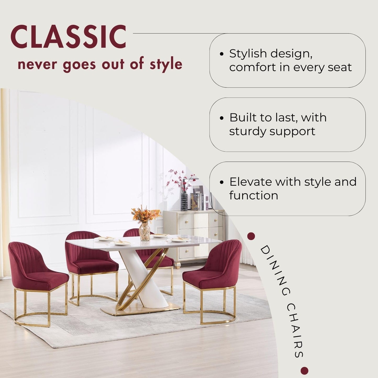 Hyfirm Wine Red Modern Dining Room Chairs Set of 4, Upholstered Kitchen Chairs with Gold Chrome Metal Legs, Round Back, Velvet Accent Stools for Kitchen & Dining Room