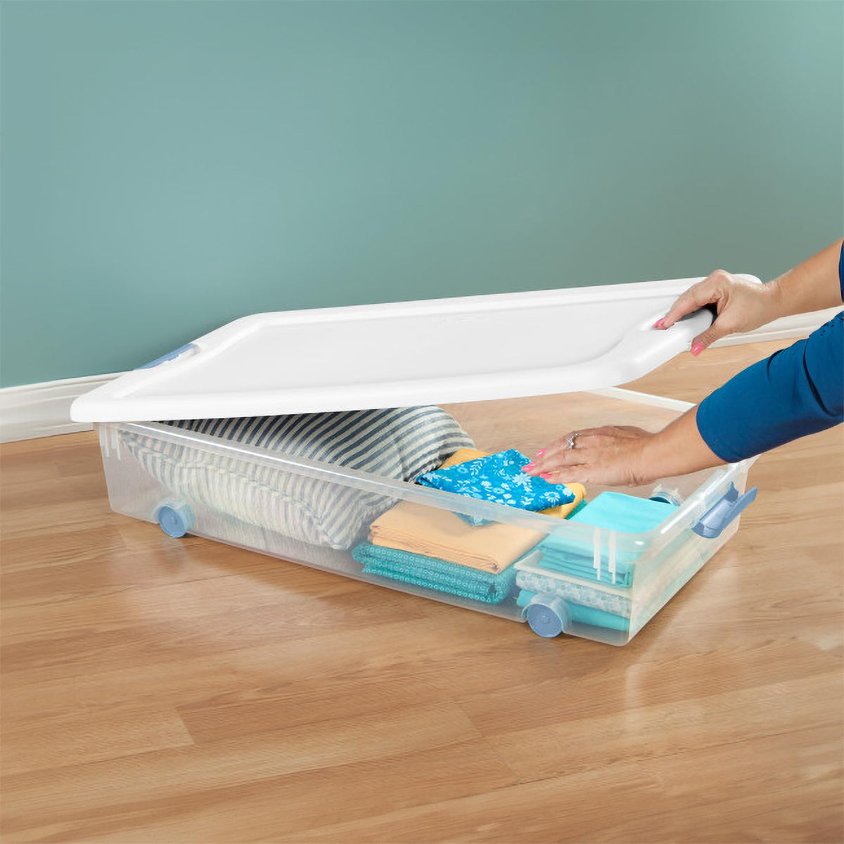 Sterilite 56 Qt Wheeled Latching Storage Box, Stackable Bin with Latch Lid, Plastic Container to Organize Shoes Underbed, Clear with White Lid, 4-Pack
