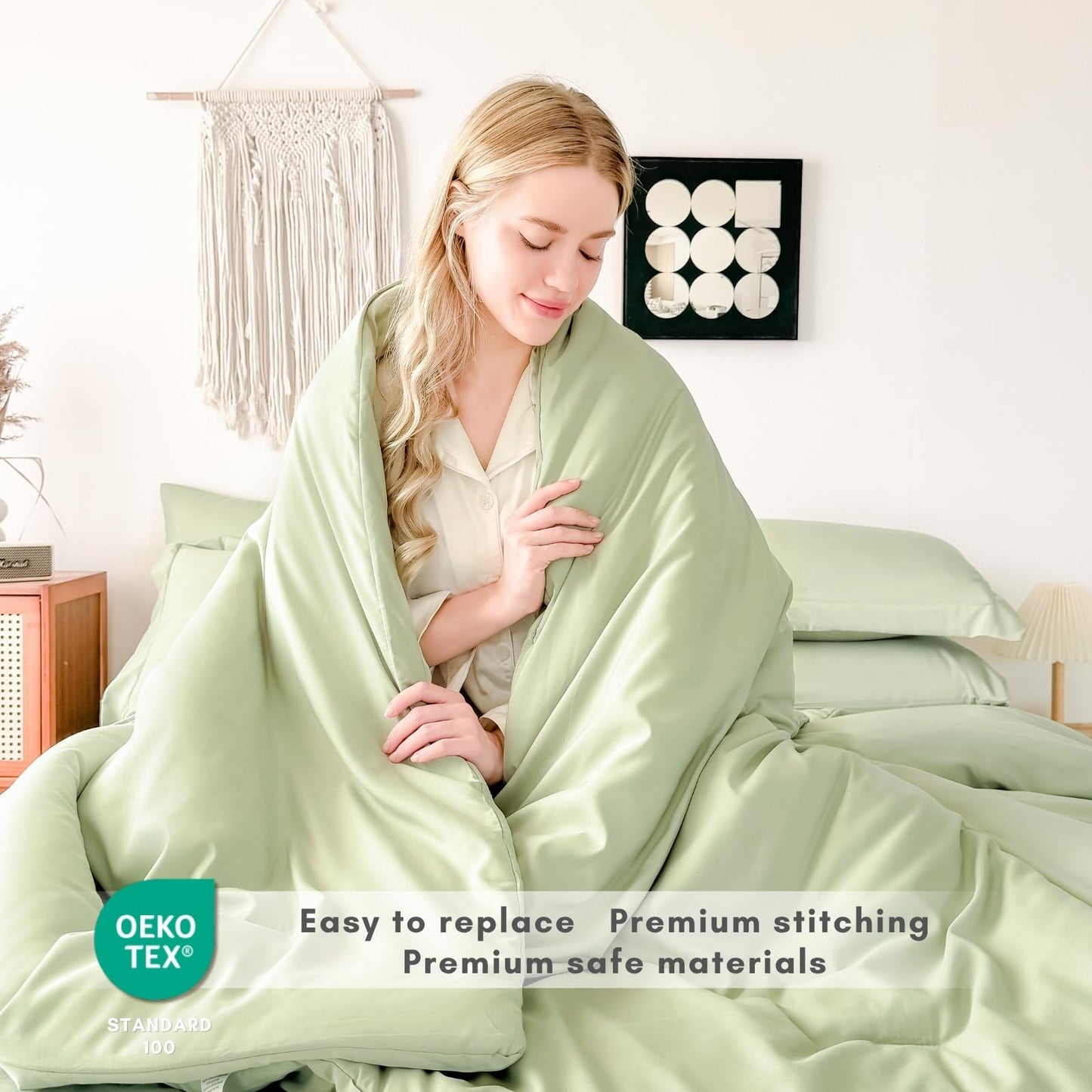 FMLIUY Sage Green Twin Comforter Set - 7-Piece Bed in a Bag, All-Season Soft Bedding with Sheets & Pillowcases (68"x88",Twin,Beige)