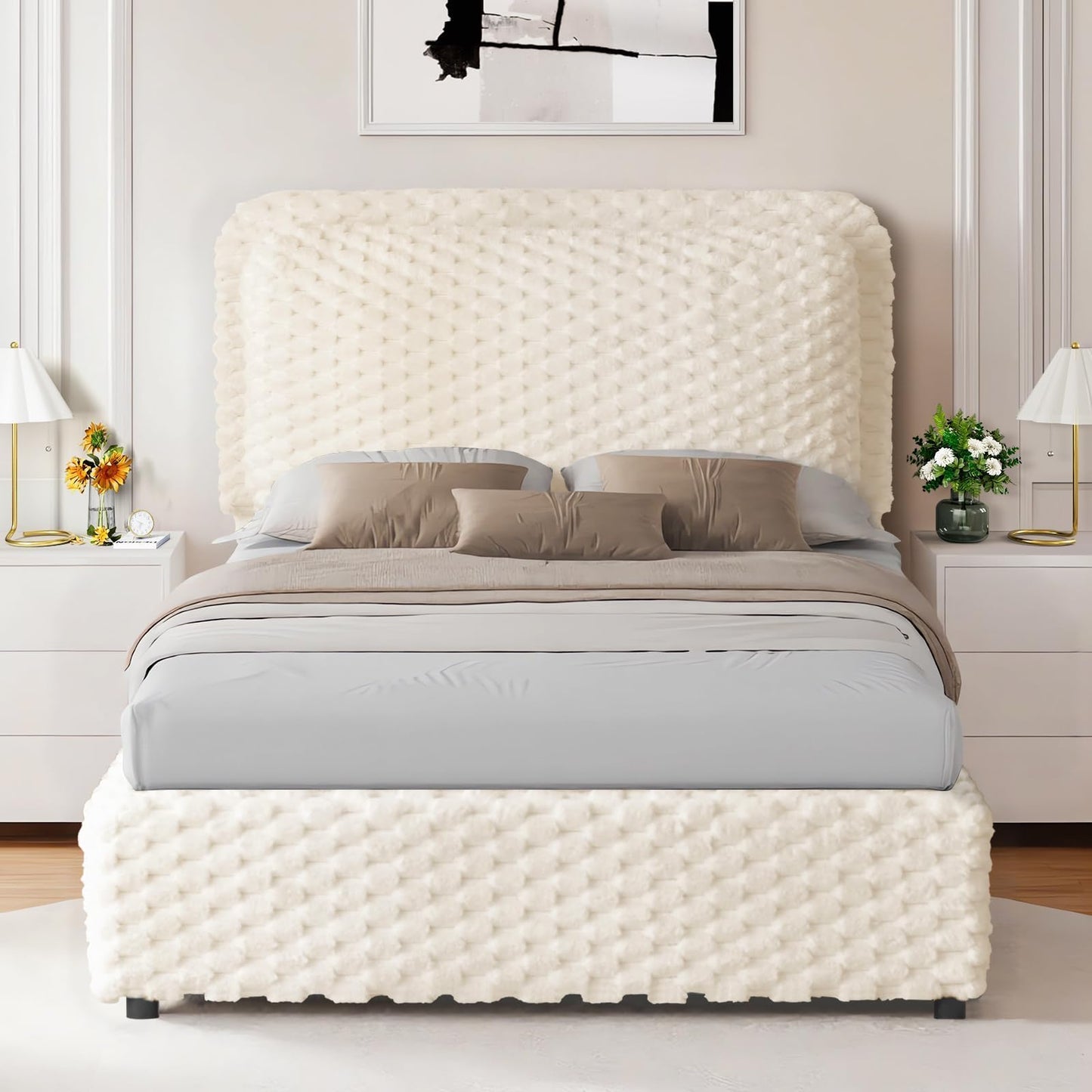 REVOMINCA Twin Bed Frame with Headboard, Twin Size Corduroy Upholstered Platform Bed Frame with Soft Headboard, Wooden Slats Support, No Box Spring Needed, Easy Assembly, Cream