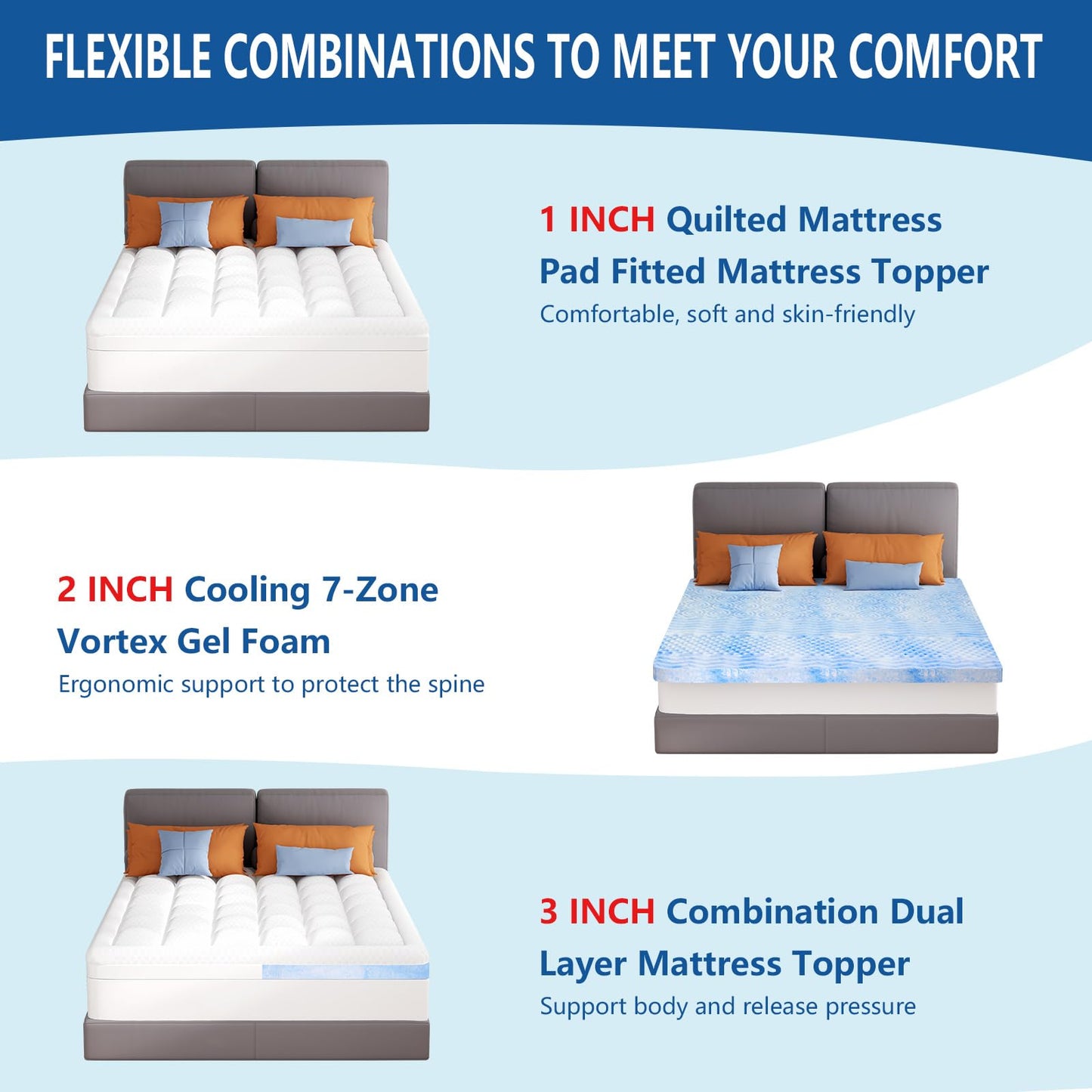 KAYFIA Dual Layer 3 Inch Memory Foam Mattress Topper Queen, 2 Inch Cooling 7-Zone Gel Memory Foam Plus 1 Inch Down Alternative Pillow Top Mattress Topper, with Deep Pocket, Support for Back Pain
