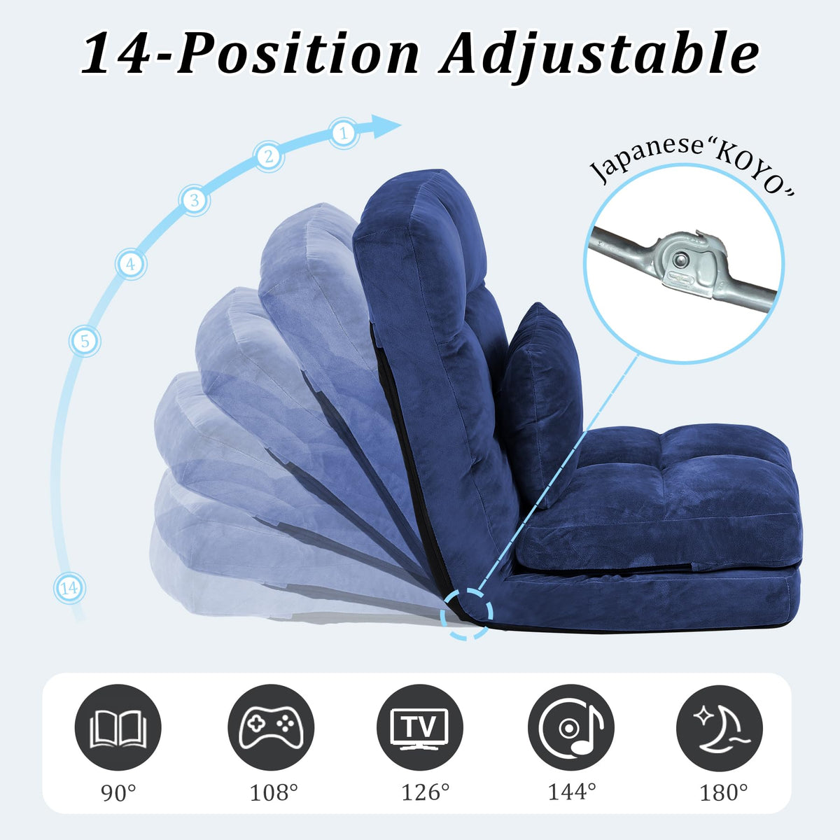 DeeLyan Indoor Chaise Lounge Sofa, Floor Chair with Back Support for Adults, 14 Angle Adjustment Recliner Chair, Folding Floor Lounger with Pillow (Blue)