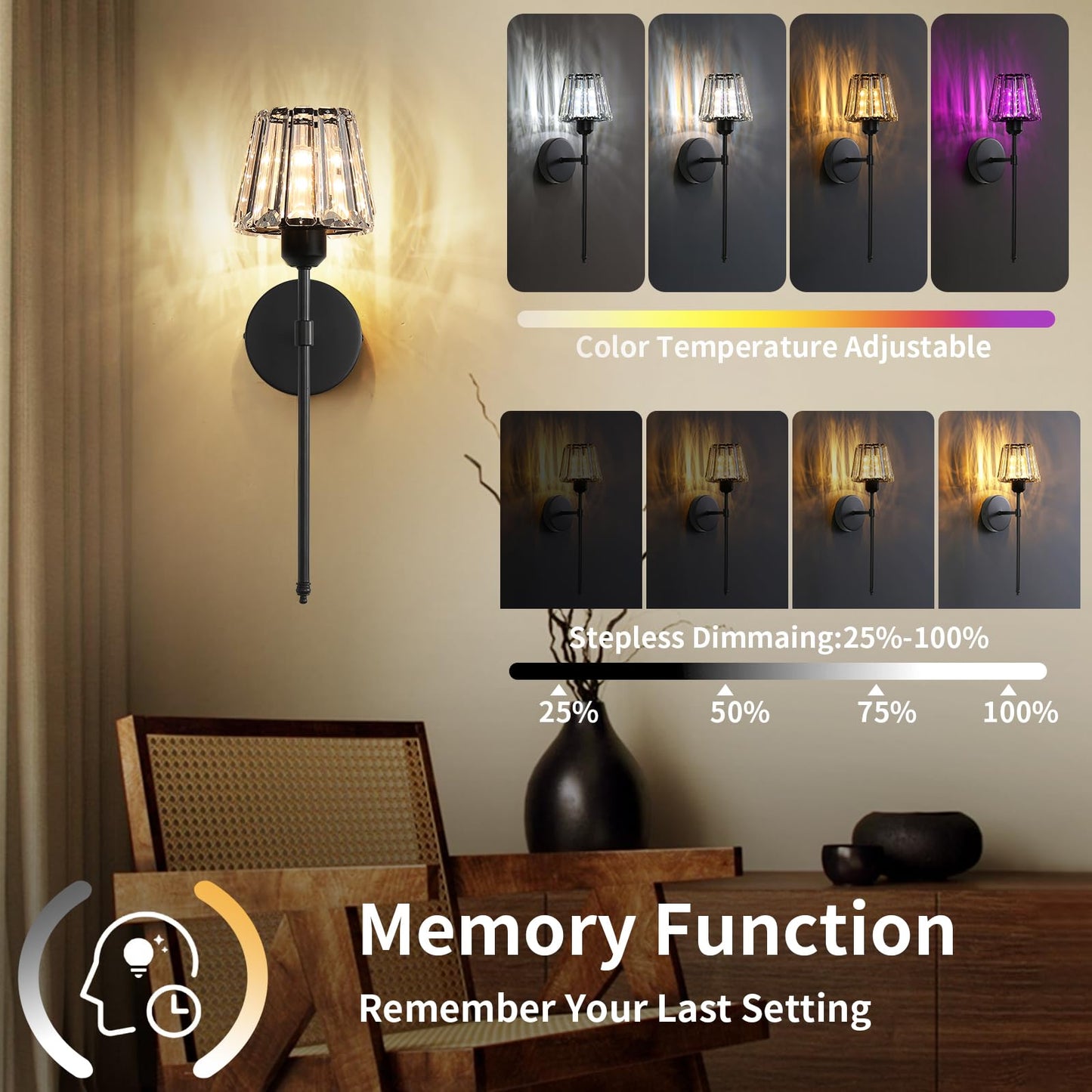 Battery Operated Crystal Wall Sconce Set of 2, Black Rechargeable Wireless Wall Sconces with Remote Dimmable 12 Colors Modes Led Wall Lights, Wall Lamp for Bedroom Living Room Hallway 2 Bulbs Included