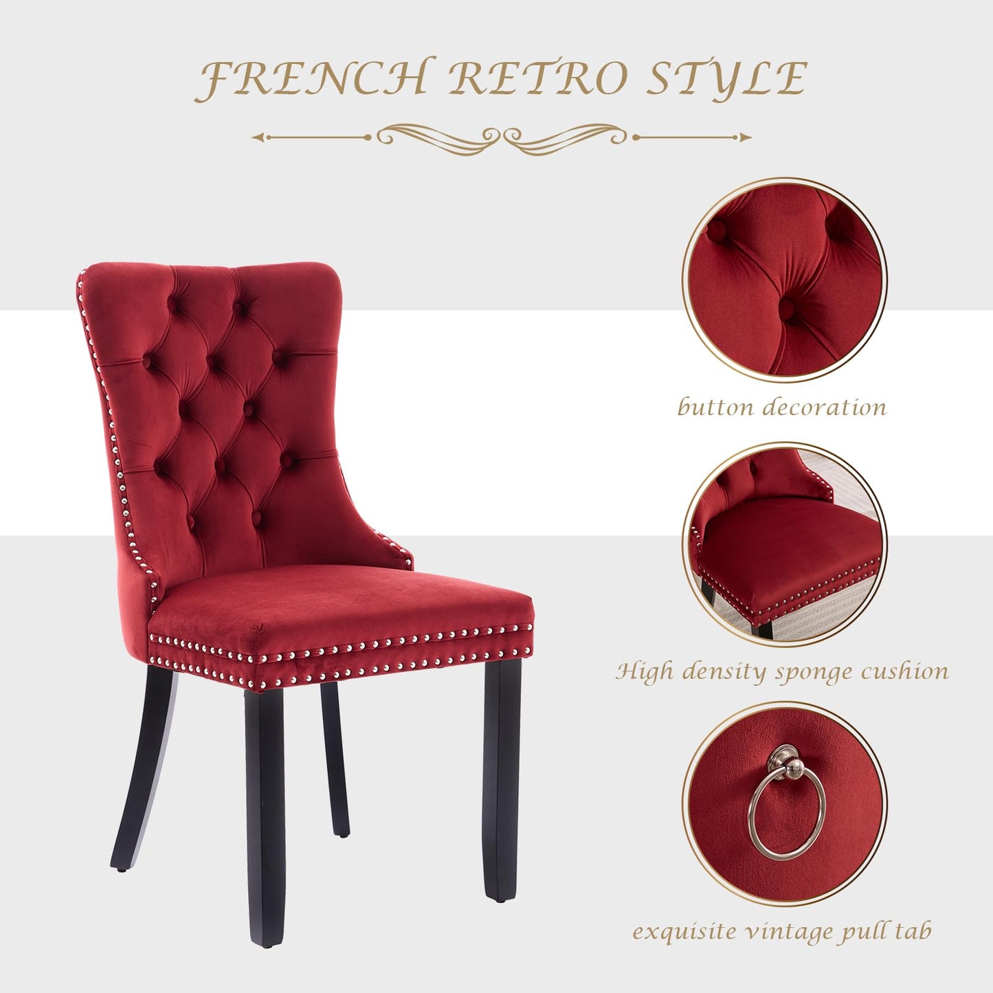 LKTART Dining Chairs Set of 6 Velvet Upholstered Tufted Back with Nailhead Trim and Back Ring Pull Solid Wood Legs for Kitchen Bedroom Dining Room Burgundy Red
