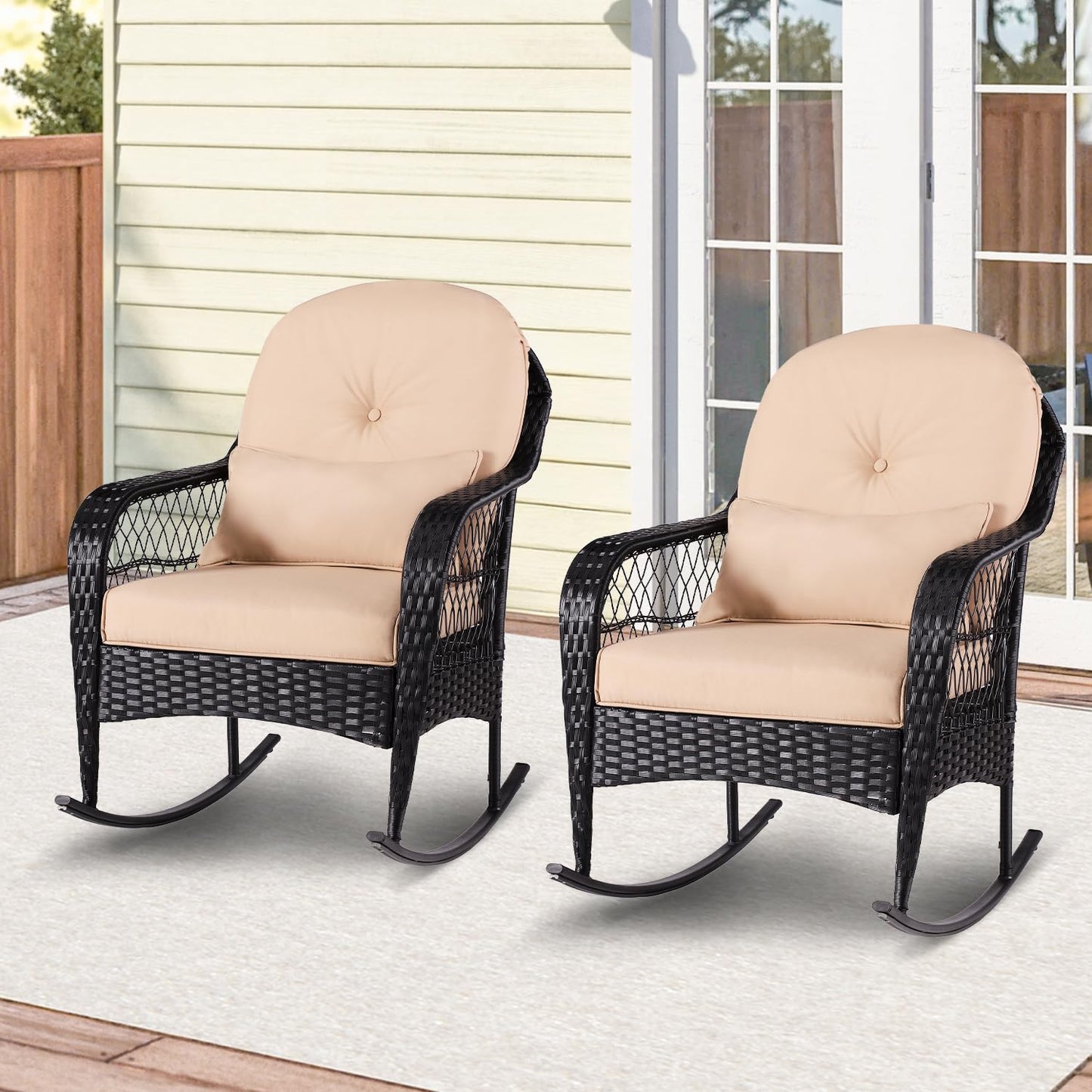 Outdoor Wicker Rocking Chair, PE Rattan Rocker with Seat Back Cushions & Waist Pillow, All- Weather Wicker Furniture for Porch, Backyard, Poolside, Deck (Wicker Chair(1 PC Khaki))
