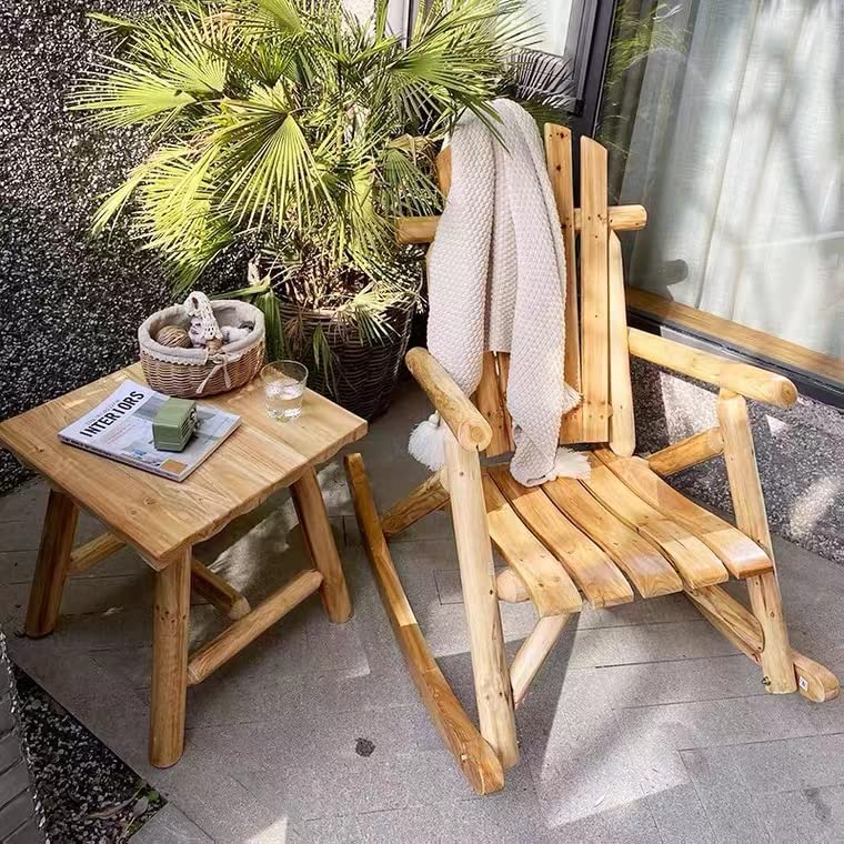 Wooden Rocking Chair Log Outdoor Rocker Outside Patio Lawn Furniture Living Room Porch Comfy Beach Balcony, Heavy Duty, Lightly Toasted
