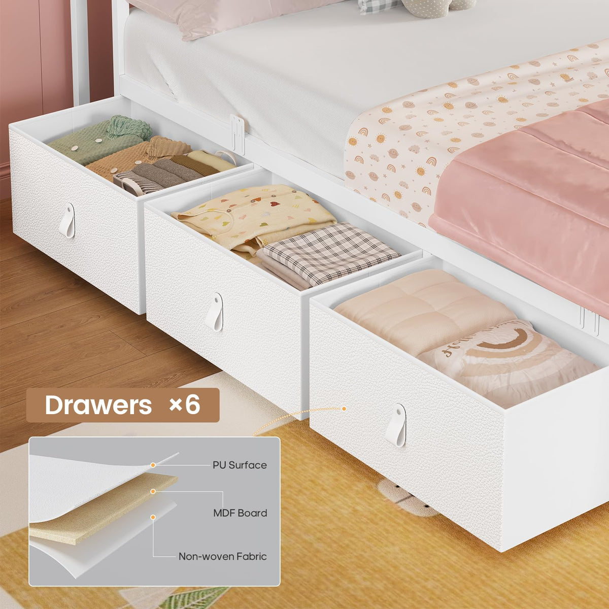 ADORNEVE Twin Bed Frame with 6 Storage Drawers & 2-Tier LED Headboard – Kids Girls Bed with Power Outlets & RGB Lights, 2 Footboard Cubbies– Space-Saving No Box Spring Neded, White