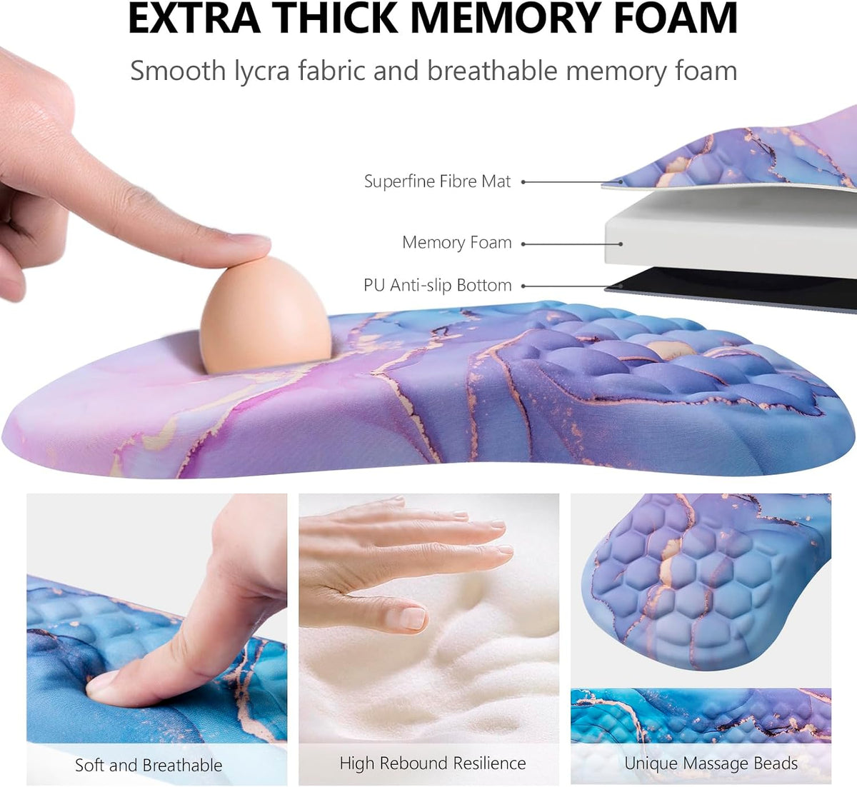 Mouse Pad Wrist Support, Laokiiy 2 in1 Keyboard Wrist Rest+ Ergonomic Mouse Pad, Non-Slip Wrist Rest for Computer Keyboard, Made Easy Typing & Relieve Wrist Pain(Blue Pink Marble)