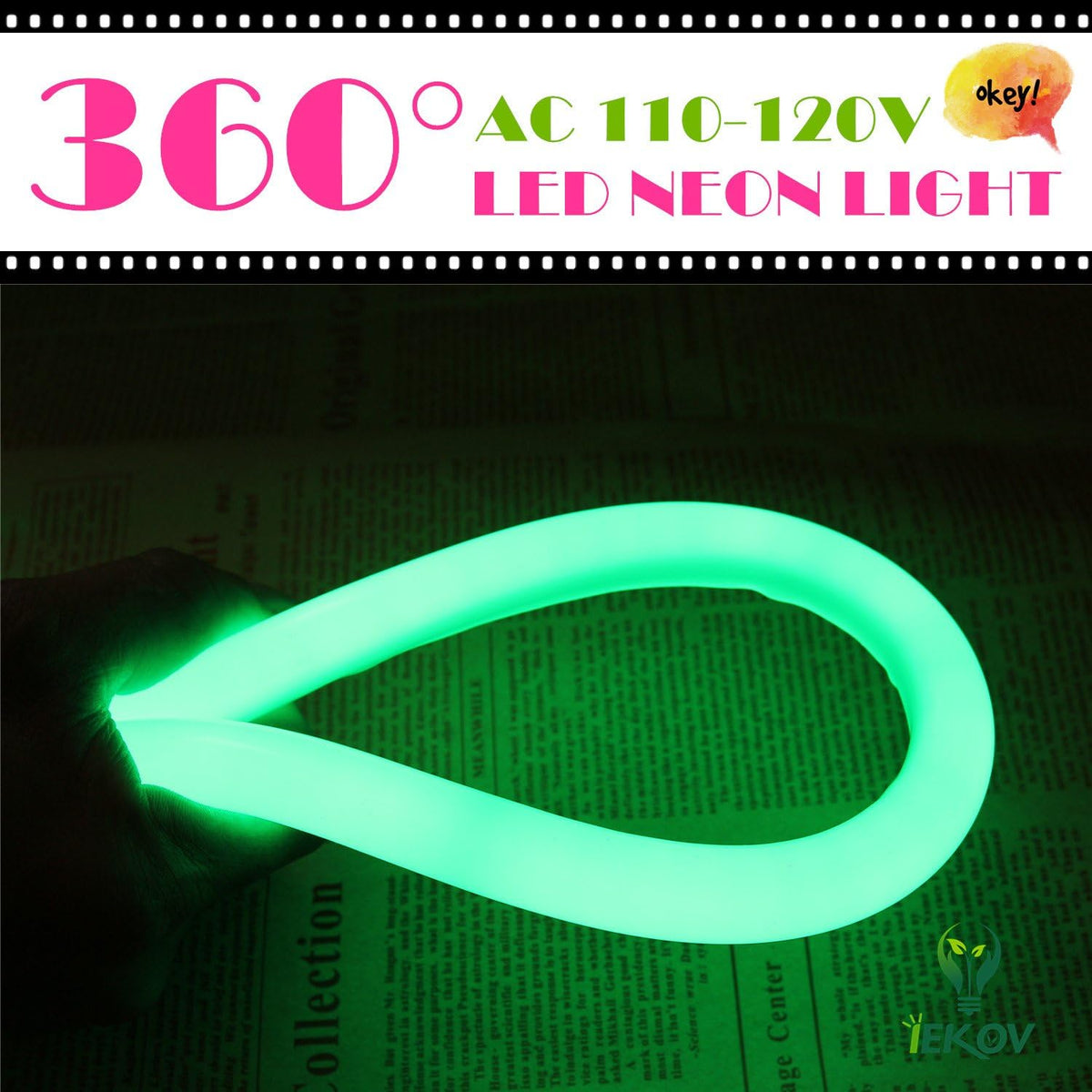 [Upgrade] 360° LED NEON Light, AC 110-120V Flexible 360 Degree LED Neon Strip Lights, Dimmable & Waterproof NEON LED Rope Light + Remote Controller for Decoration (16.4ft/5m, Green)