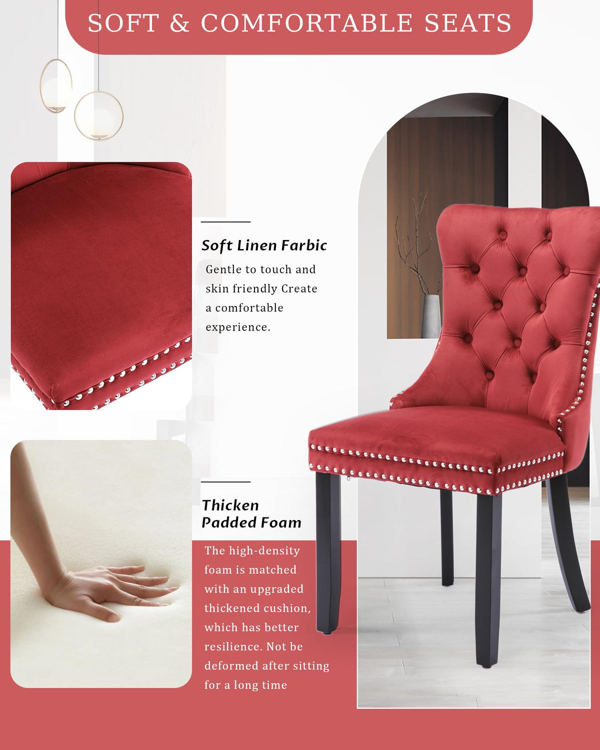 VICBARLEY Velvet Dining Chair Set of 6 Upholstered Tufted Dining Room Chair with Nailhead Trim and Solid Wood Legs for Kitchen, Restaurant,Wine Red
