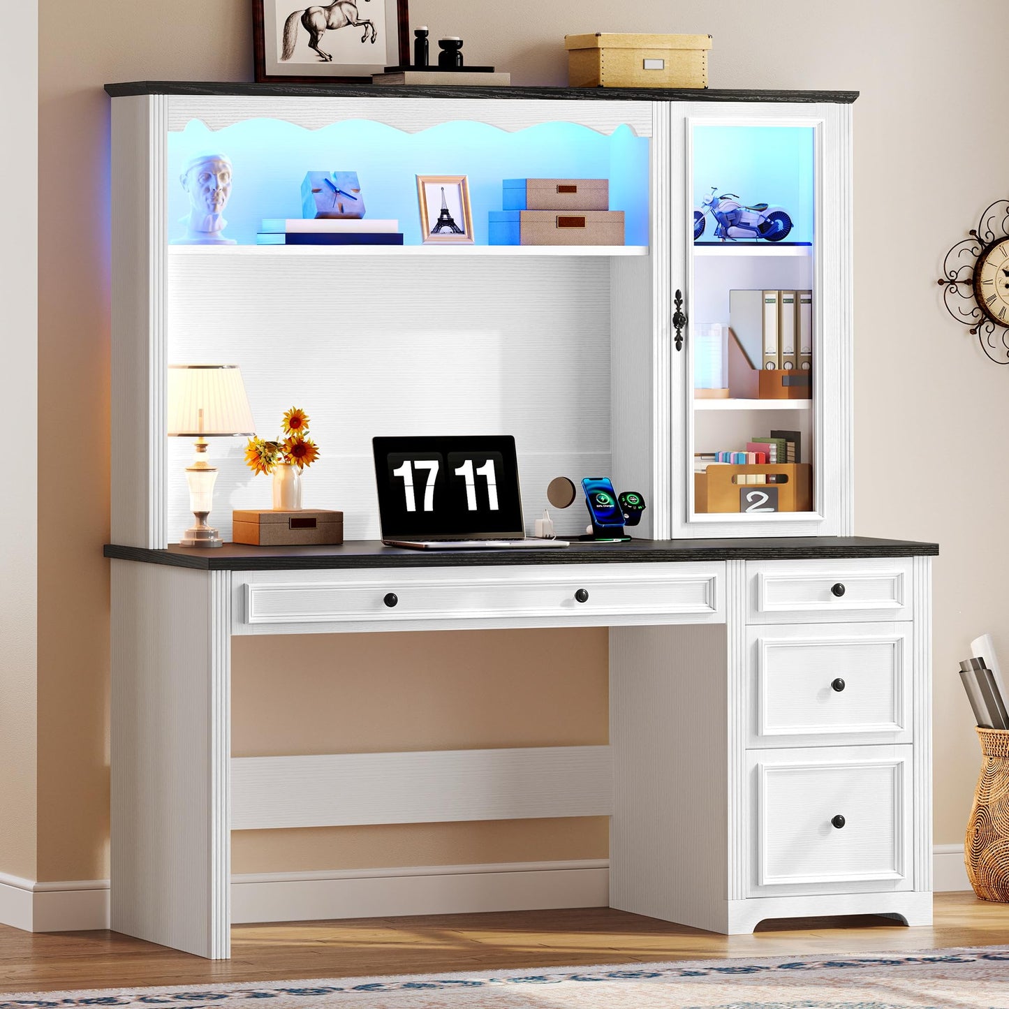 YITAHOME Executive Desk with Hutch and Drawers, Farmhouse Wood Computer Desk with Power Outlet & LED Lights, Home Office Desks with Storage Shelves, Storage Cabinet with Glass Door, White & Black