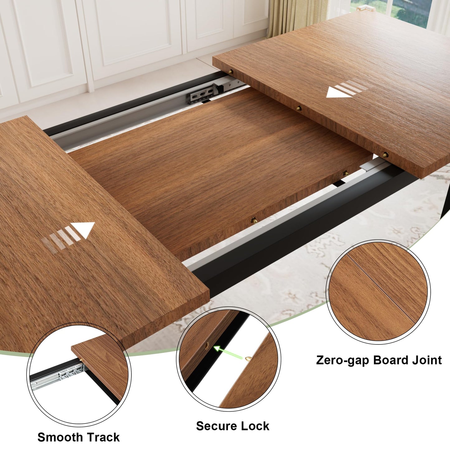 Feonase 7-Piece Dining Table Set with 6 Stools, 63" Large Extendable Kitchen Table Set for 4-8, Mid-Century Dining Room Table with Heavy-Duty Frame & MDF Board, Easy Assembly, Walnut