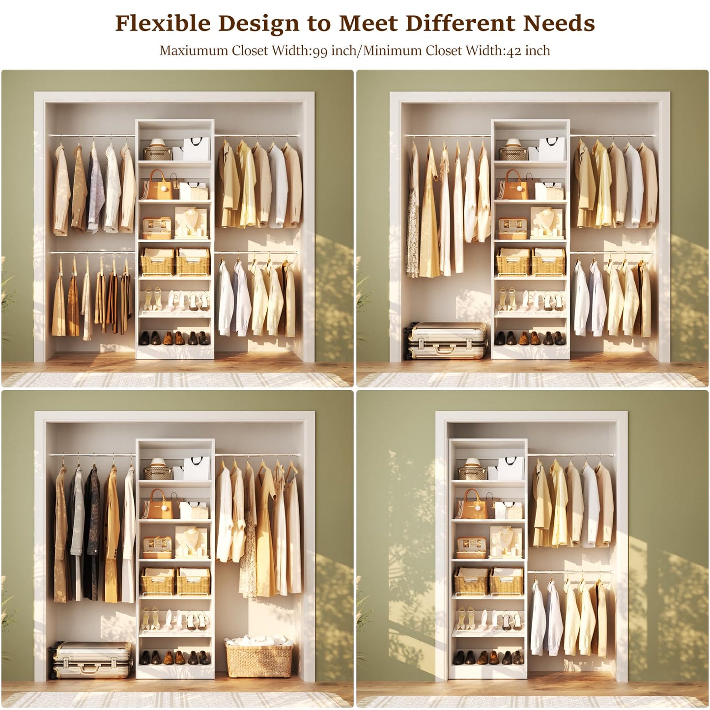 Unikito Closet System, 4-8Ft Wood Closet Organizer Starter Kit with Tower and 4 Extendable Hanging Rods, Walk-in Closet Organizer Wardrobe Clothes Rack with Adjustable Shelves, Garment Rack, White