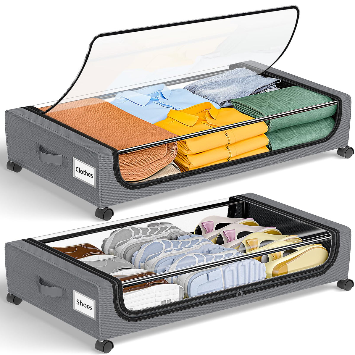 GoMaihe Under Bed Storage with Wheels: XXL Underbed Storage Containers with Lids - Rolling Bins for Shoes Clothes in Dorm Bedroom - Metal Drawers Easy Pull-out Grey 2-Pack
