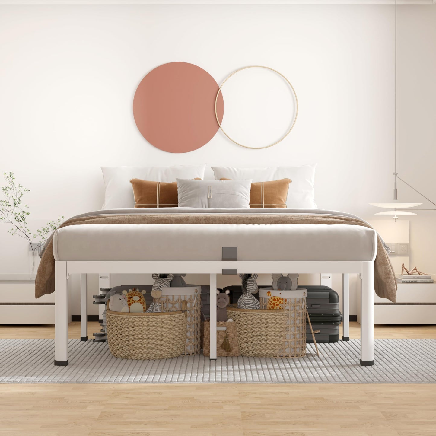 ROIL 14 Inch White Full Size Bed Frame with Rounded Corner and Headboard Hole Mattress Retainers 3500LBS Heavy Duty Steel Slats No Box Spring Needed Platform Noise-Free Easy Assembly