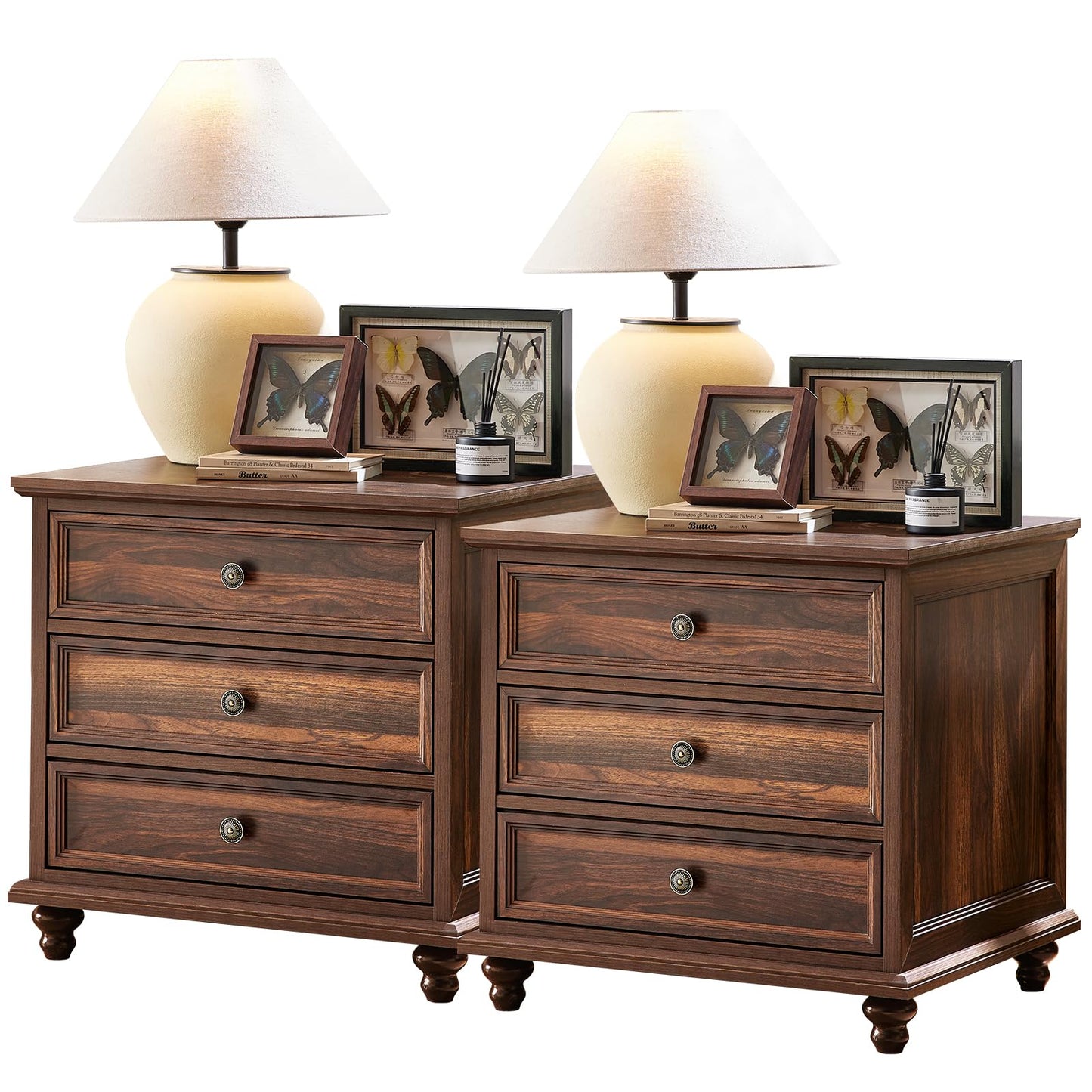 Joaxswe 24" Wide Farmhouse Night Stand Set of 2,Large End Table with 3 Drawers & Metal Handle,Brown Wood Dresser for Bedroom Cabinet, Bed Side Table Chest of Drawers,Nightstand for Living Room,Closet