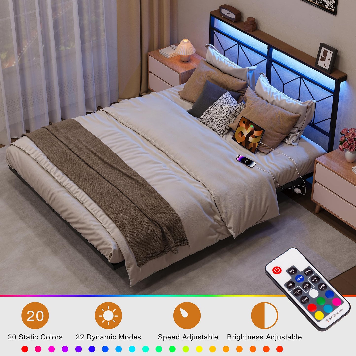 HAUSOURCE Full Size Floating Bed Frame with Storage Headboard Metal Platform Bed Frame with LED Lights and Charging Station Easy Assembly No Box Spring Needed