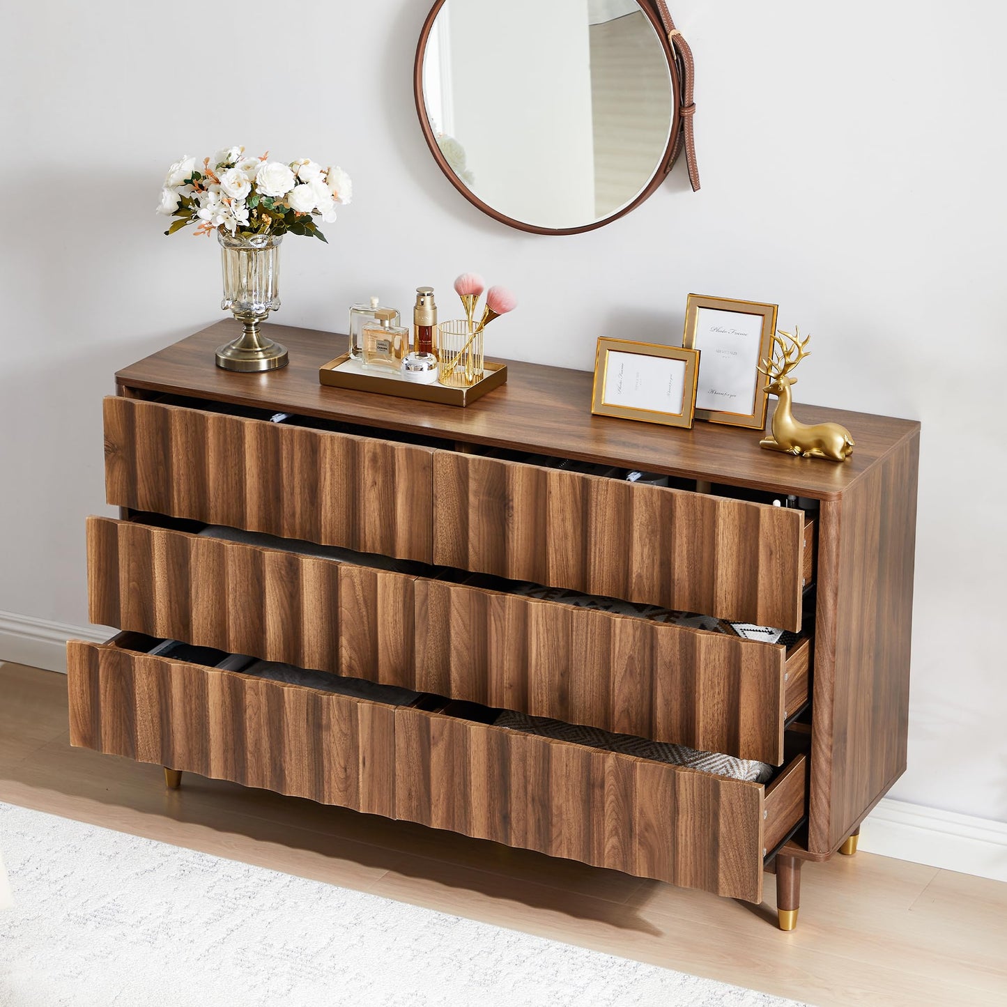 Caspellaire Fluted 6 Drawer Dresser, 53" Wide Modern Chest of Drawer, Dresser TV Stand,Wood Drawer Organizer for Bedroom, Living Room, Hallway