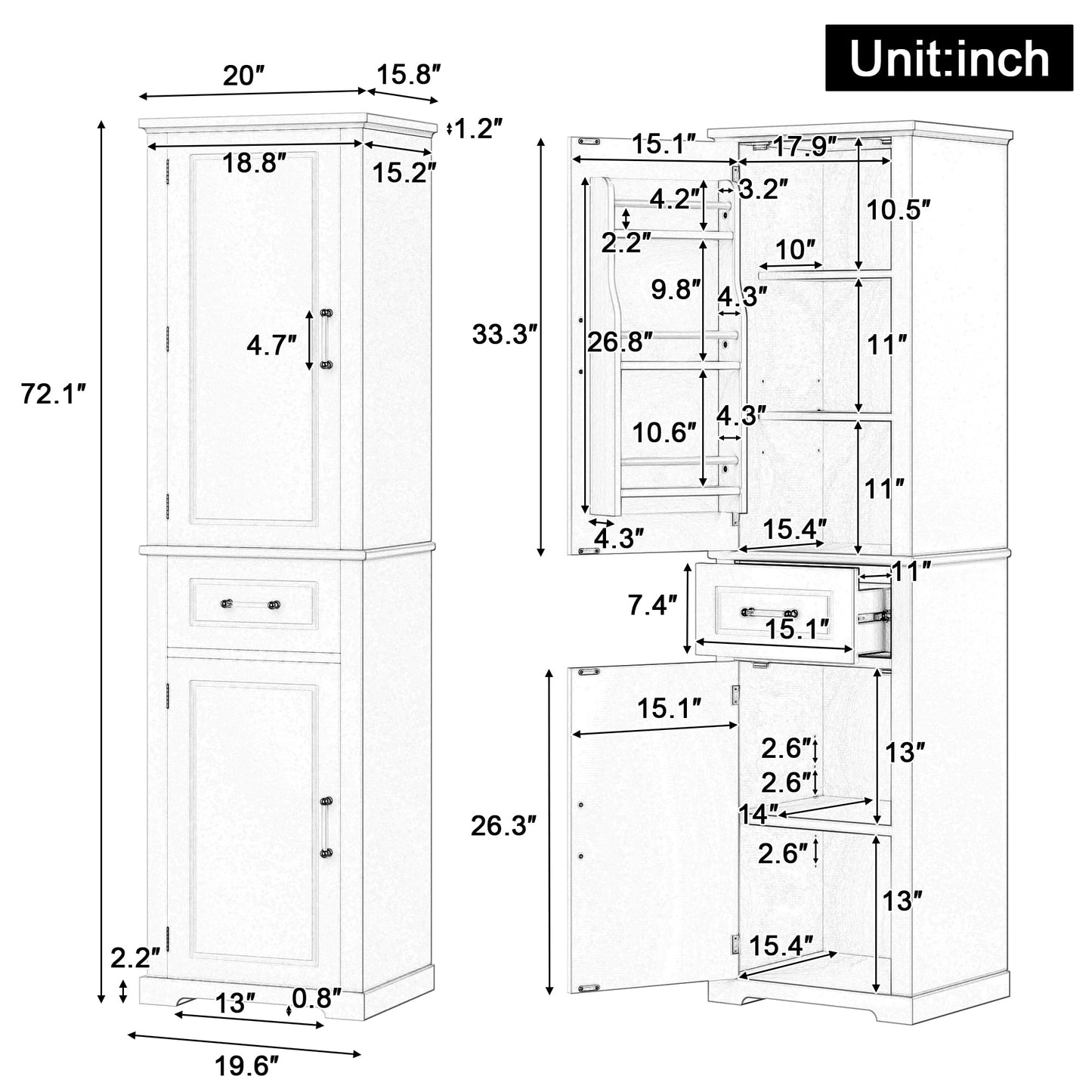 Guxeei Tall Storage Cabinet, Bathroom Floor Freestanding Storage Cabinet with 2 Doors, One Drawer, Door Shelve Design, and Adjustable Shelf for Bathroom, Office, Living Room, White