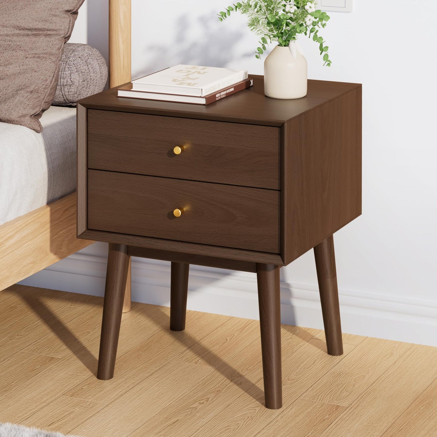 SANXIANHM Mid Century Modern Nightstand, 2 Drawers, Solid Wood Night Stand, Espresso Colored End Table