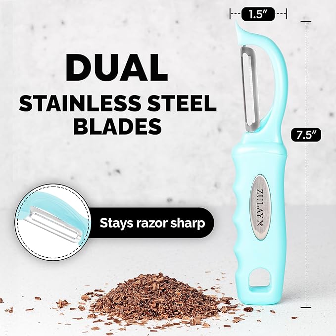 Zulay Kitchen Premium Vegetable Peeler for Kitchen - Swivel Peeler with Razor Sharp Stainless Steel Blades & Strong Ergonomic Handle - Dishwasher Safe, Easy To Use with Blemish Remover - Light Blue