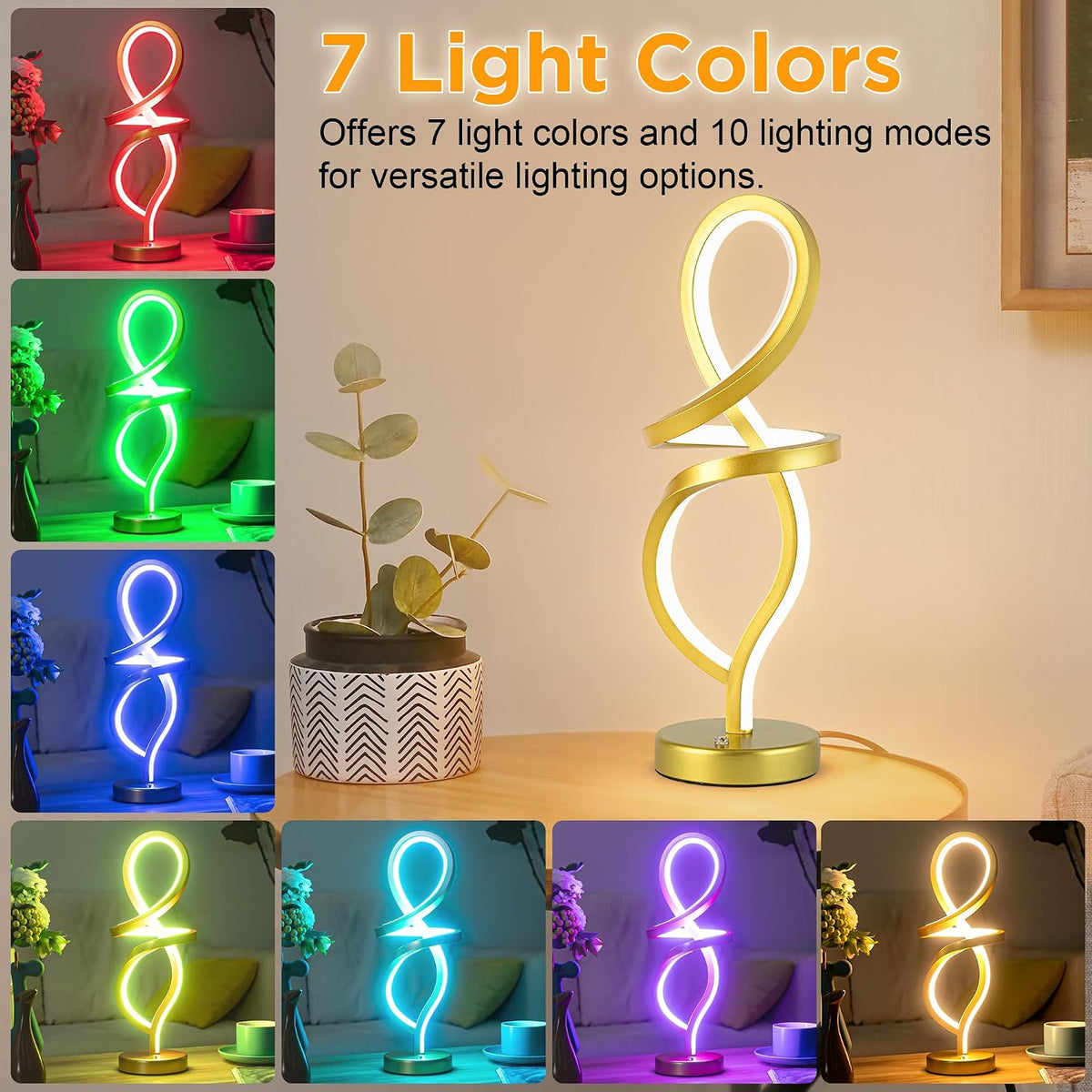RGB Modern Small Table Lamp with LED Spiral Design, 15W Nightstand Lamp