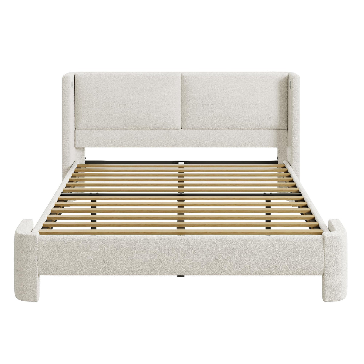 LIKIMIO Queen Bed Frame with Headboard, Upholstered Bed Frames with USB Ports, Base Cama Bed Frame No Box Spring Needed, Cream White