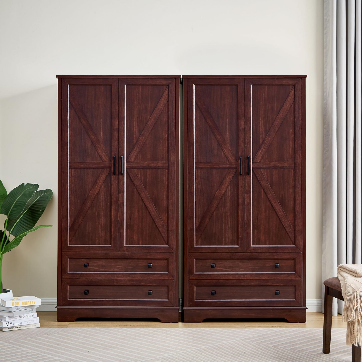 SOOWERY Dresser for Bedroom, Farmhouse Dresser with 2 Wooden Drawers and Storage Cabinets, 71 Inches Tall Chest of Drawers for Bedroom, Living Room, Hallway, Dark Cherry