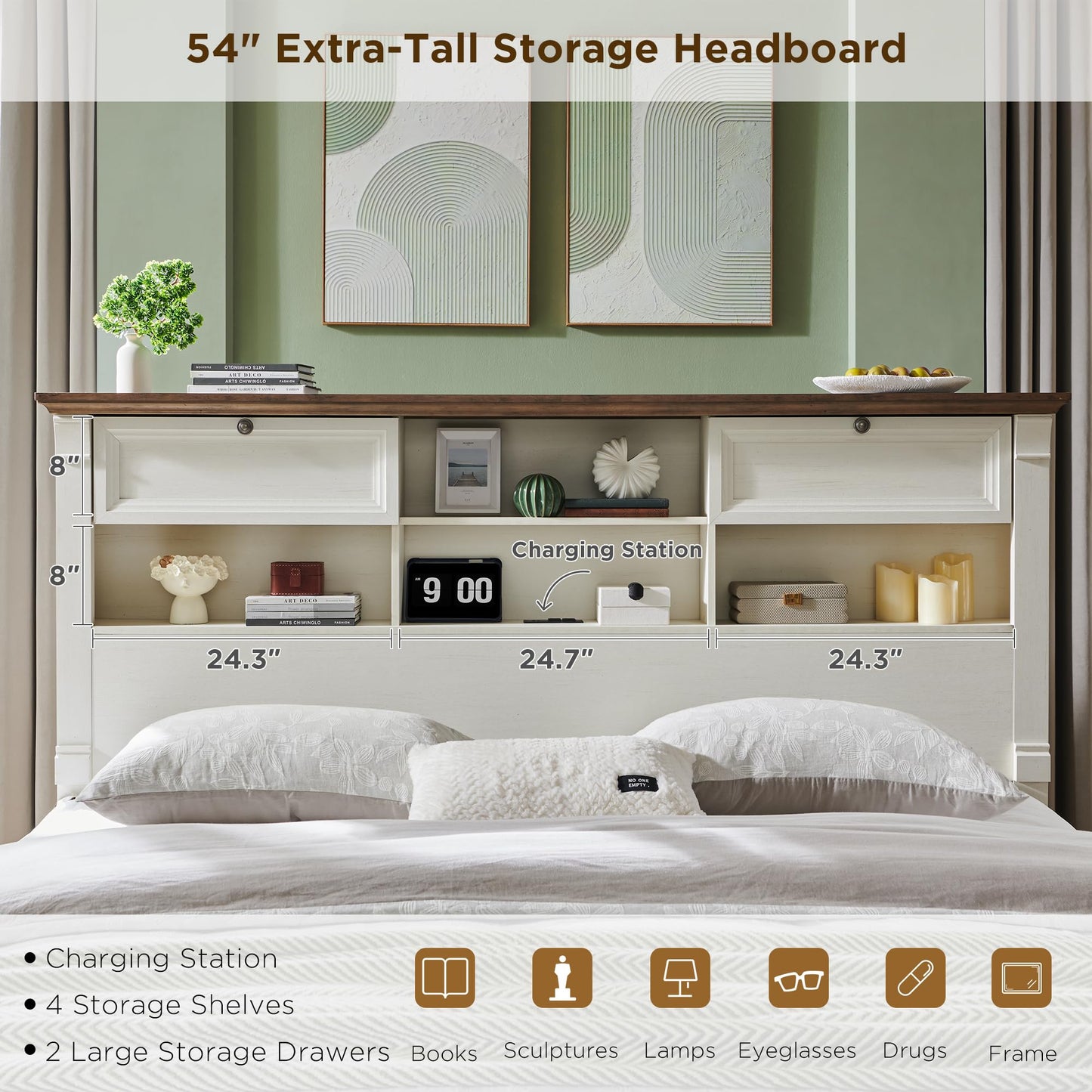 Farmhouse King Size Bed Frame with 54" Tall Headboard, Wood Platform Bed Frame with 18" Tall Roman Column Decoration Footboard & 2 Large Storage Drawers, No Box Spring Needed(Antique White)