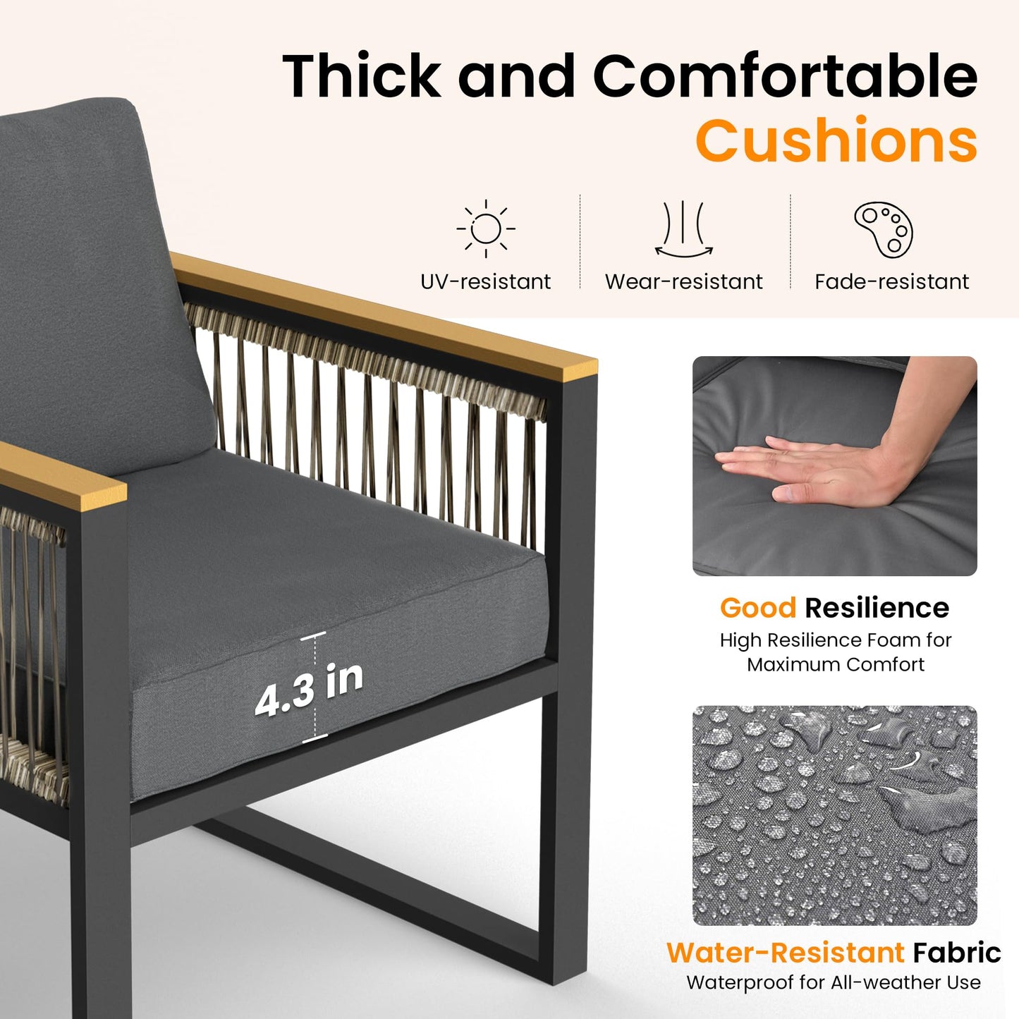 Pamapic 4 Pieces Outdoor Patio Furniture Set with Wicker Handrails, Plastic-Wood Balcony Furniture with Wicker Arm Panel, All-Weather Metal Patio Conversation Sets with Cushion and Coffee Table