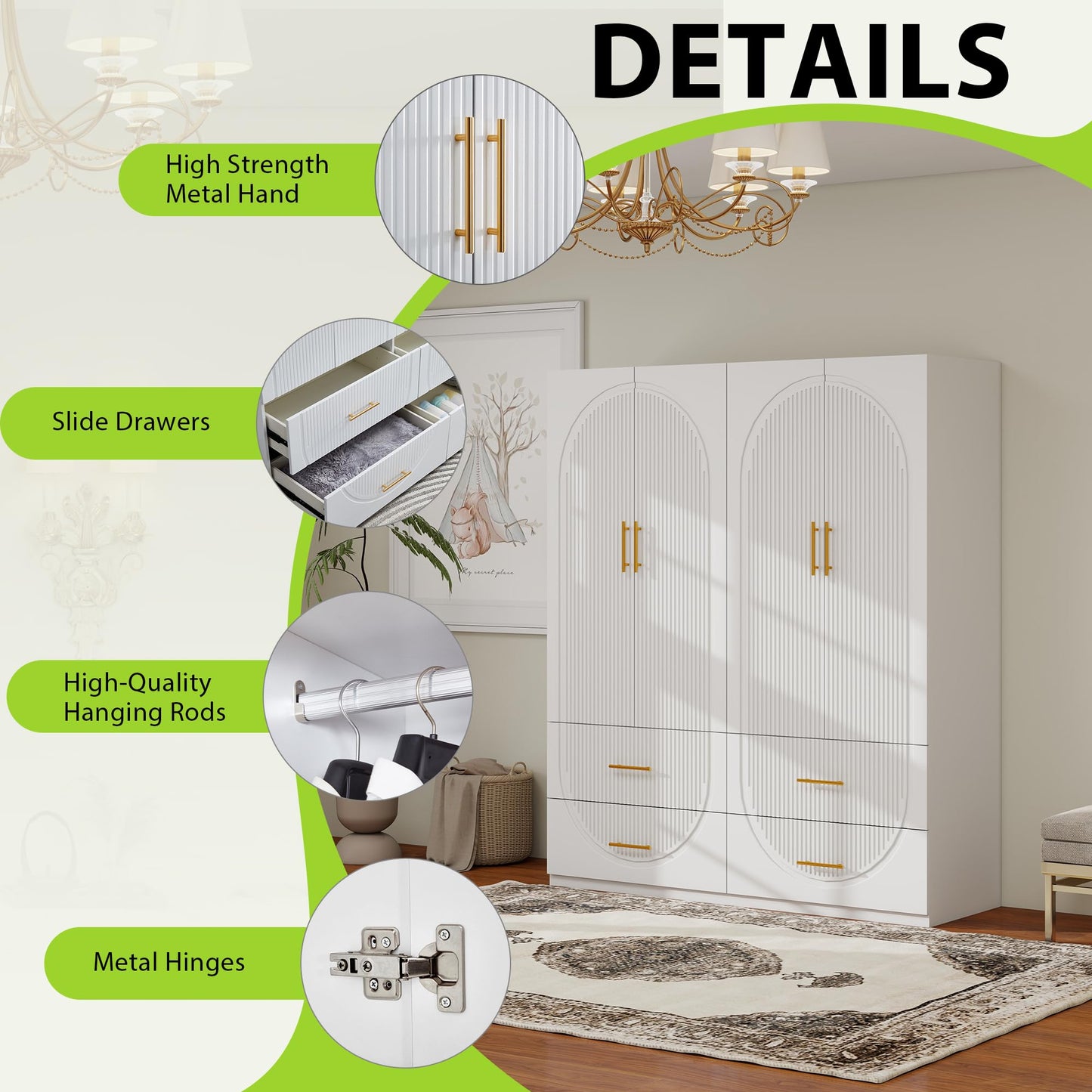 Keloyid Wardrobe Armoire Closet with 4 Door, 3 Shelves, 4 Drawers and 1 Hanging Rods, Wooden Closet Storage Cabinet for Bedroom, White