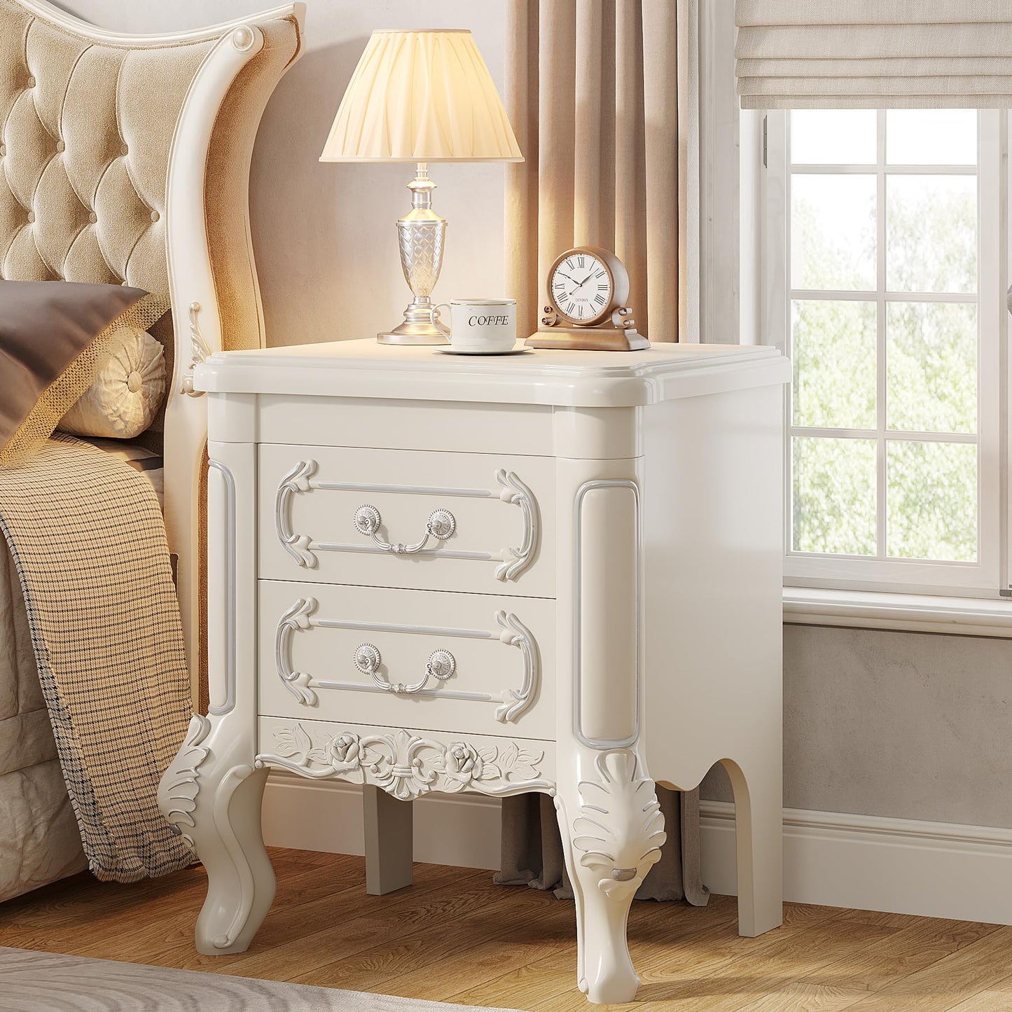 Tribesigns White Nightstand, End Table with 2 Drawers, Carved Bedside Tables, Side Table for Bedroom, Classic Bedroom Furniture, Night Stand White