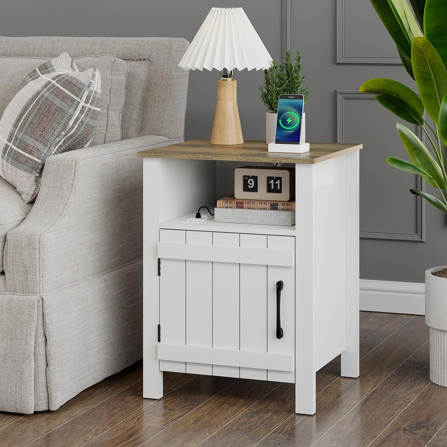 RRX Large Nightstand, End Table with Charging Station, 15.7''Lx17.7''Wx23.6''H Farmhouse Bedside Table with Barn Door and Storage Shelf, Wooden Sofa Side Table (2, White)