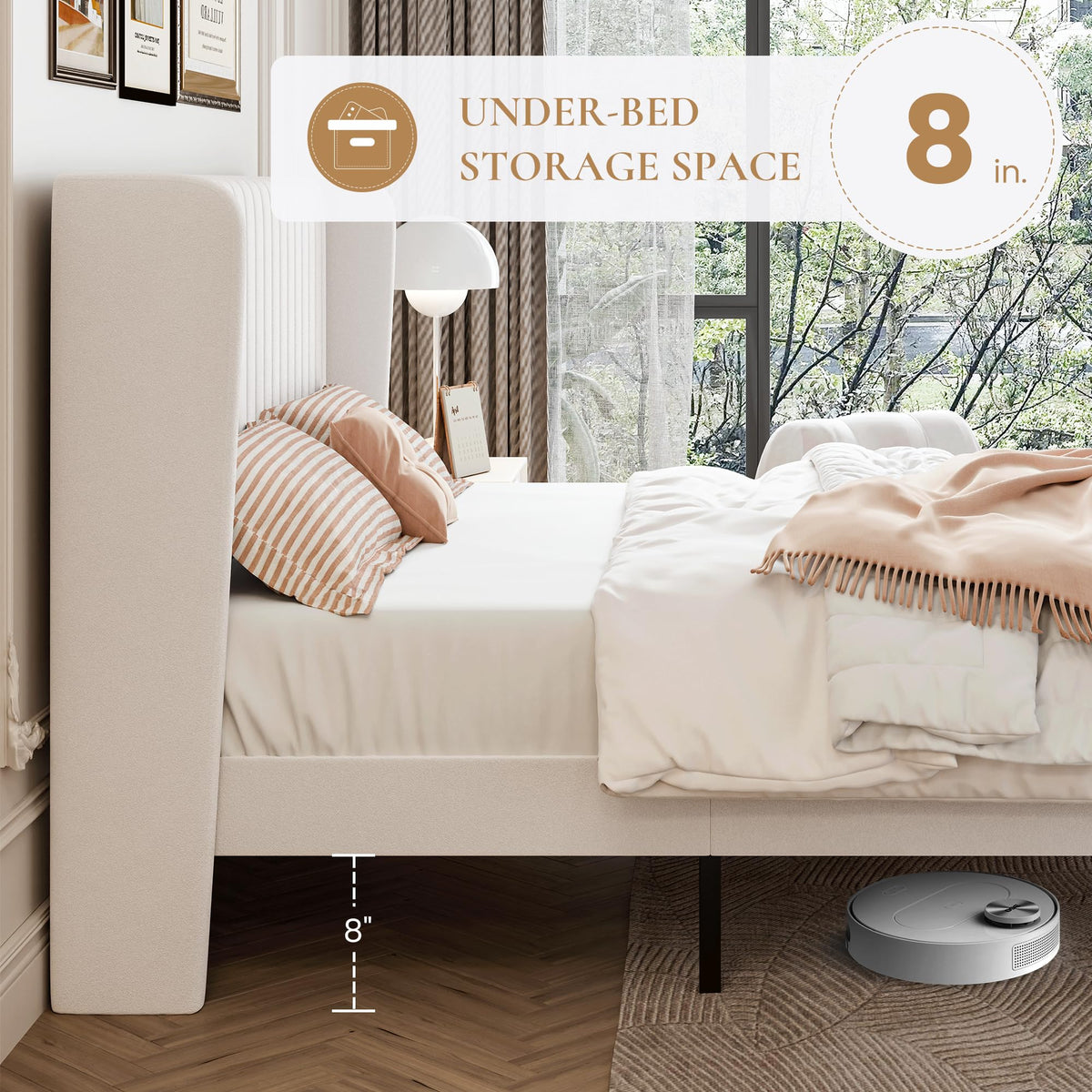 SHA CERLIN Full Size Velvet Bed Frame with Vertical Channel Tufted Wingback Headboard, Upholstered Platform Bed with Wood Slats, No Box Spring Needed, Easy Assembly, White