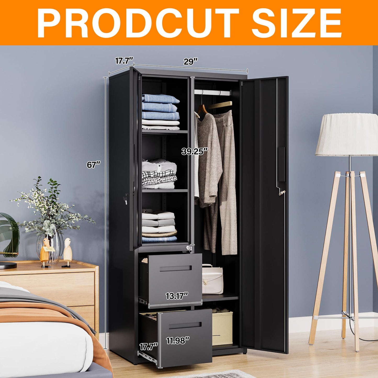 Anxxsu Metal Storage Cabinets Locker, 67" Locker with Clothes Rod, Lockable Freestanding Wardrobe for Office, Home, School, Laundry Room, Gym (Black)