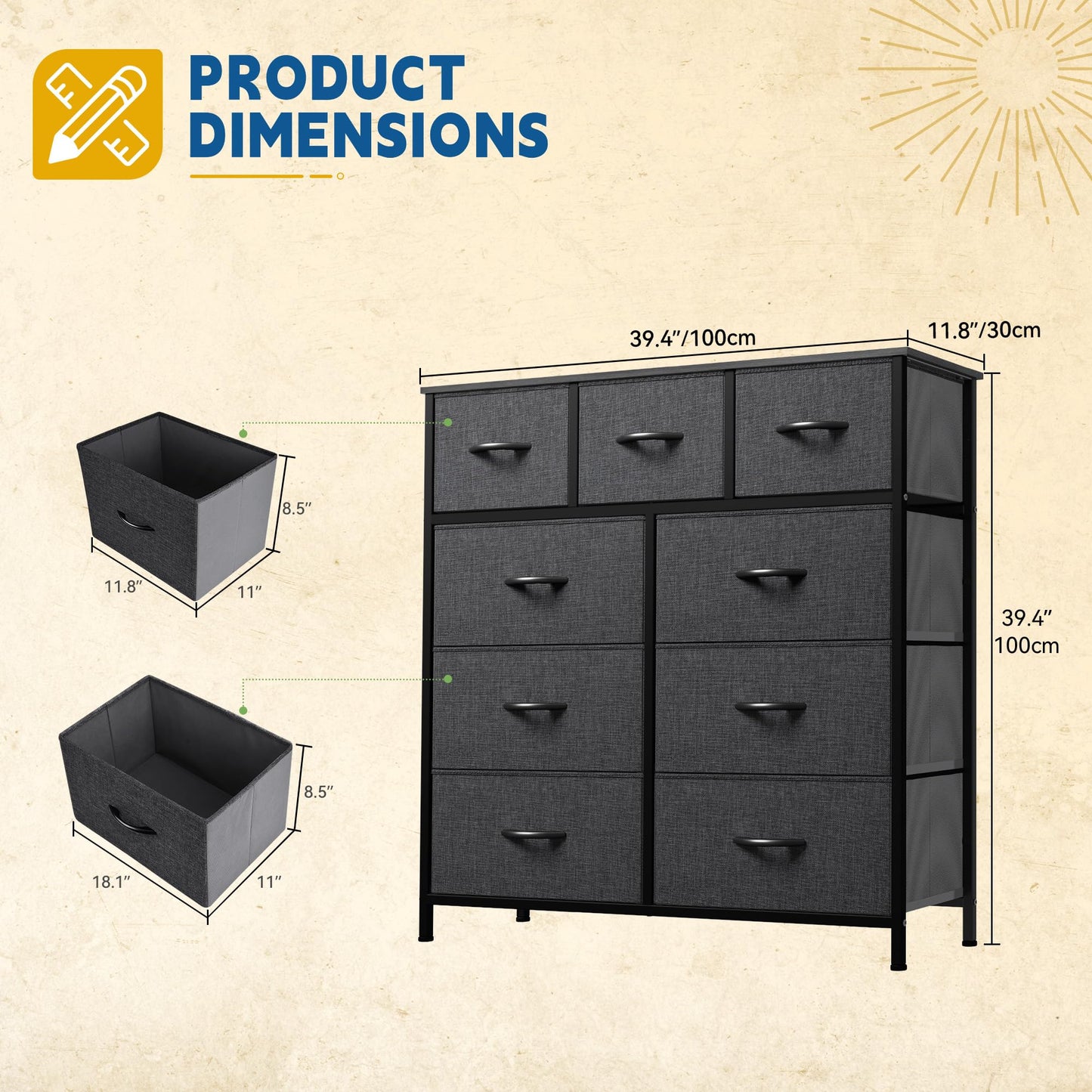 DWVO 9 Drawers Dresser for Bedroom, Fabric Storage Tower for Living Room, Entryway - Sturdy Steel Frame, Wooden Top & Easy Pull Fabric Bins