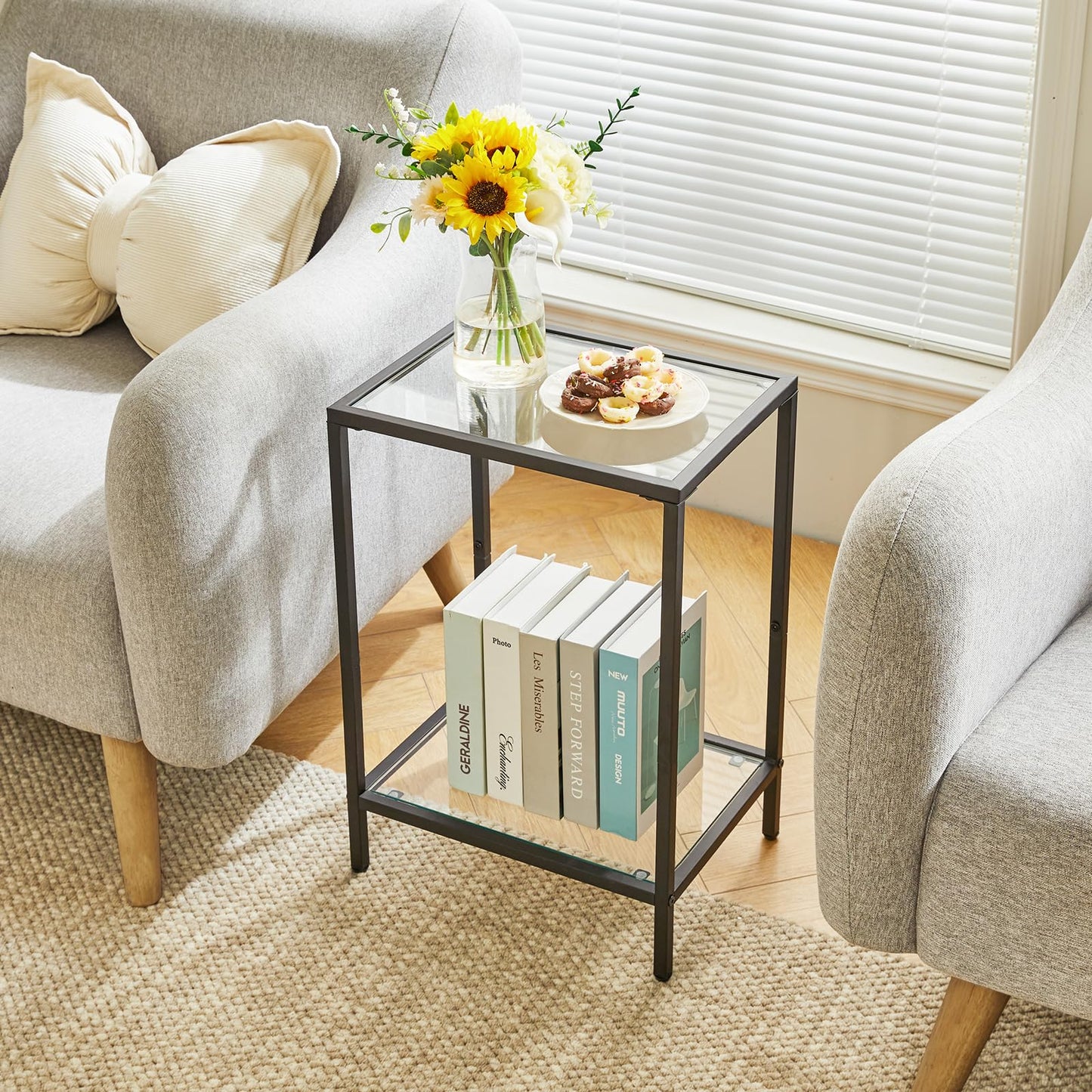 YMYNY Tempered Glass Side Table, 2 Tier End Table with Storage Shelves, Narrow Bedside Table, for Small Space in Living Room, Bedroom,Black, UHGD002B