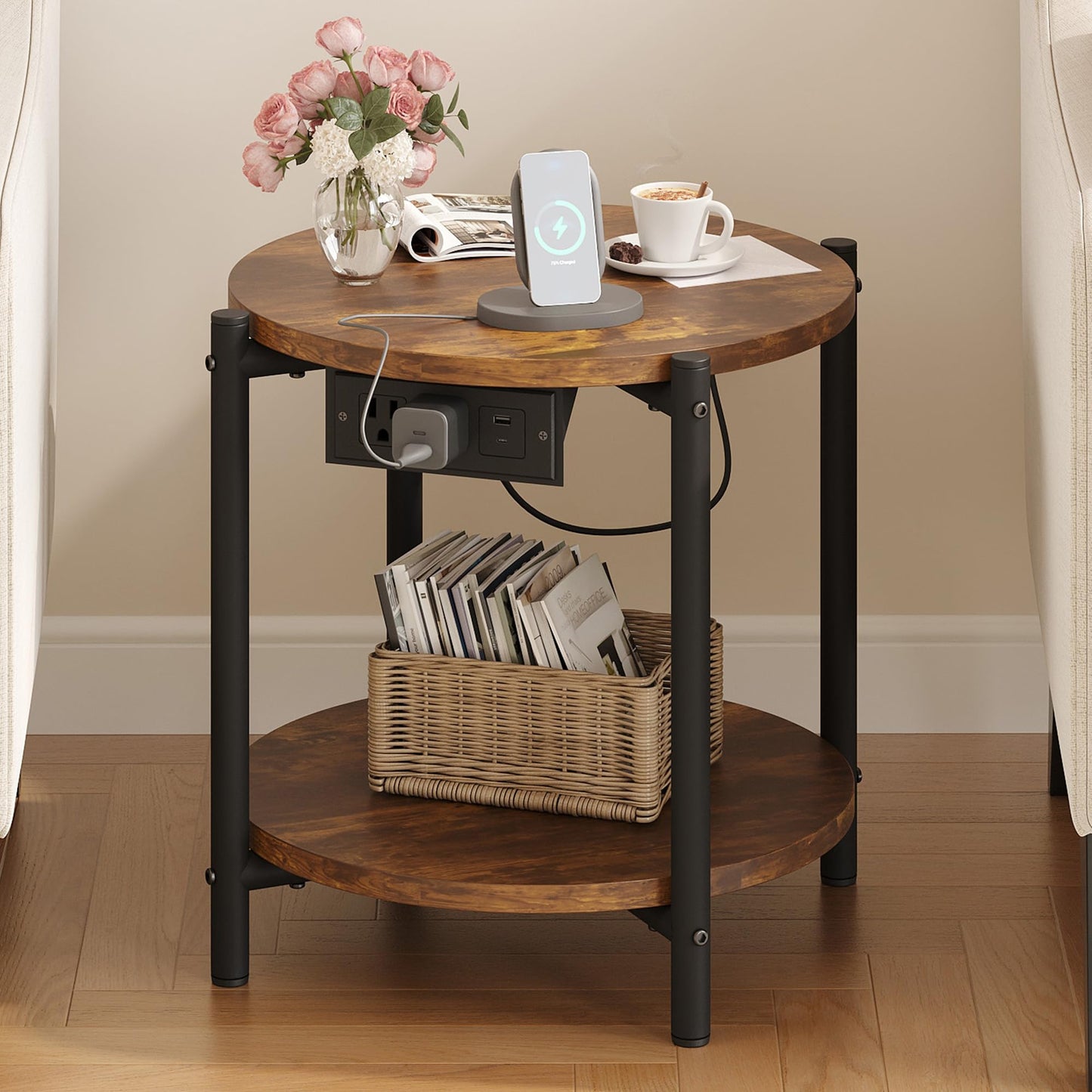 LIKIMIO Side Table with Charging Station, 2-Tier Round End Table with Lower Shelf, 15.8" W Modern Wooden Nightstand for Small Spaces, Living Room, Bedroom, Rustic Brown