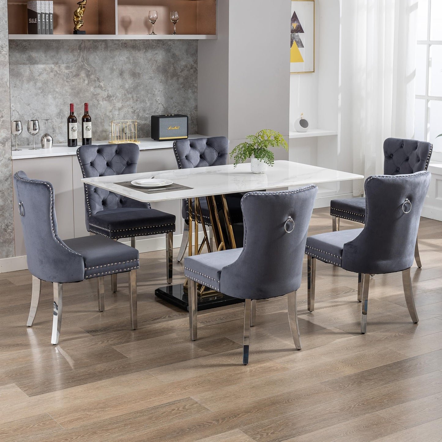 GOOLON Dining Room Chairs Set of 2, Tufted Velvet Chairs with Modern Stainless Steel Legs, Rivet Trim Metal Pull Ring Large Back for Kitchen Dining Room Restaurant, Dark Gray