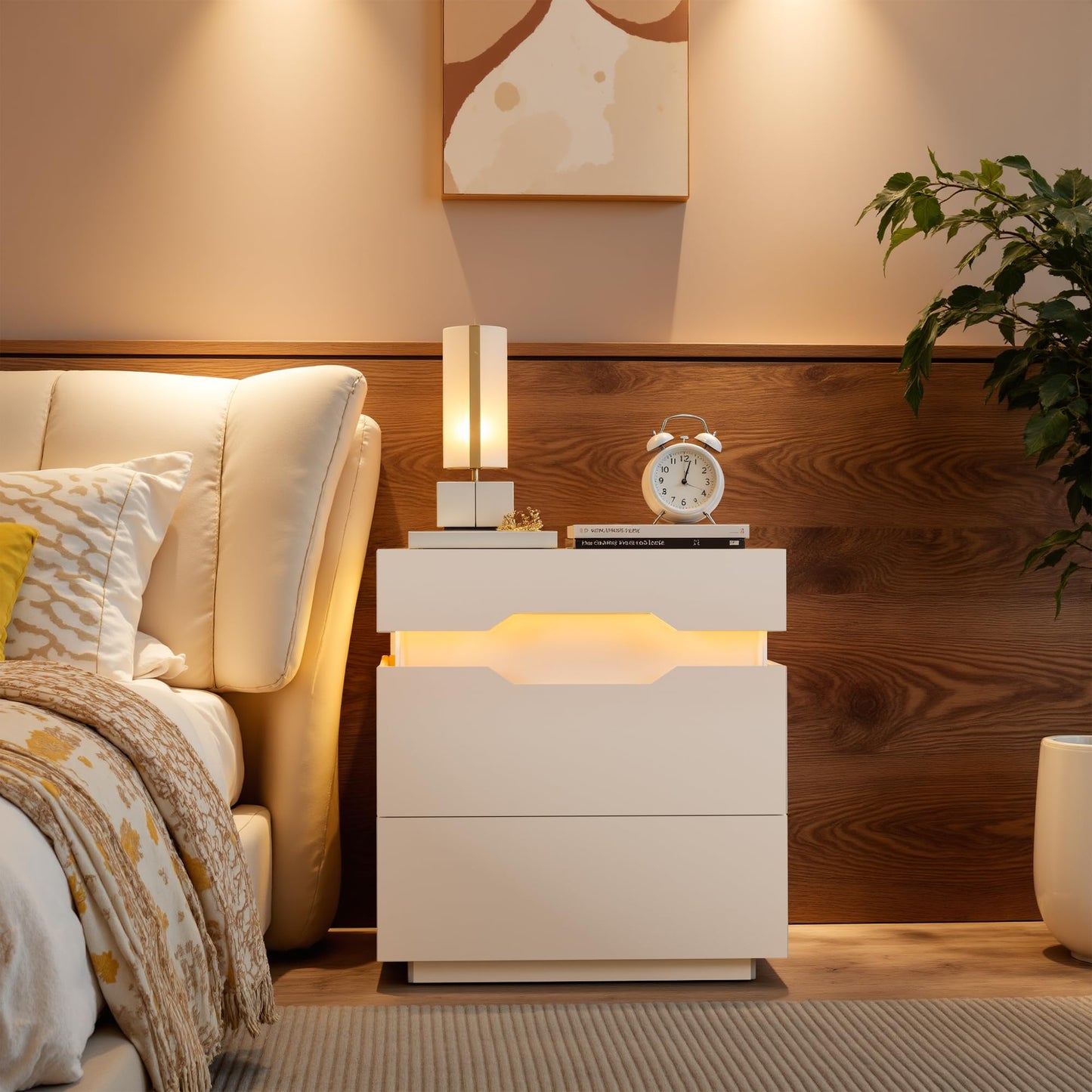 YESHOMY LED Nightstands Set of 2 with Charging Station and Sliding Top, Side Table with Large Capacity, Bedside Table with 2 Drawers, Modern Endtable for Bedroom, Pure White