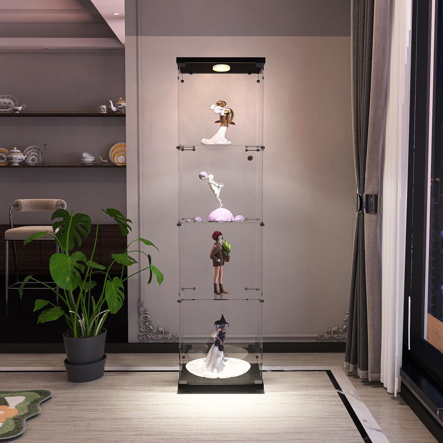 Zacis Glass Display Cabinet with Lights and Lock, 4-Tier Display Case Curio Cabinet with Glass Door, Floor Standing Showcase for Living Room Bedroom Home Office 16.7" W x 14.3" D x 64.5" H