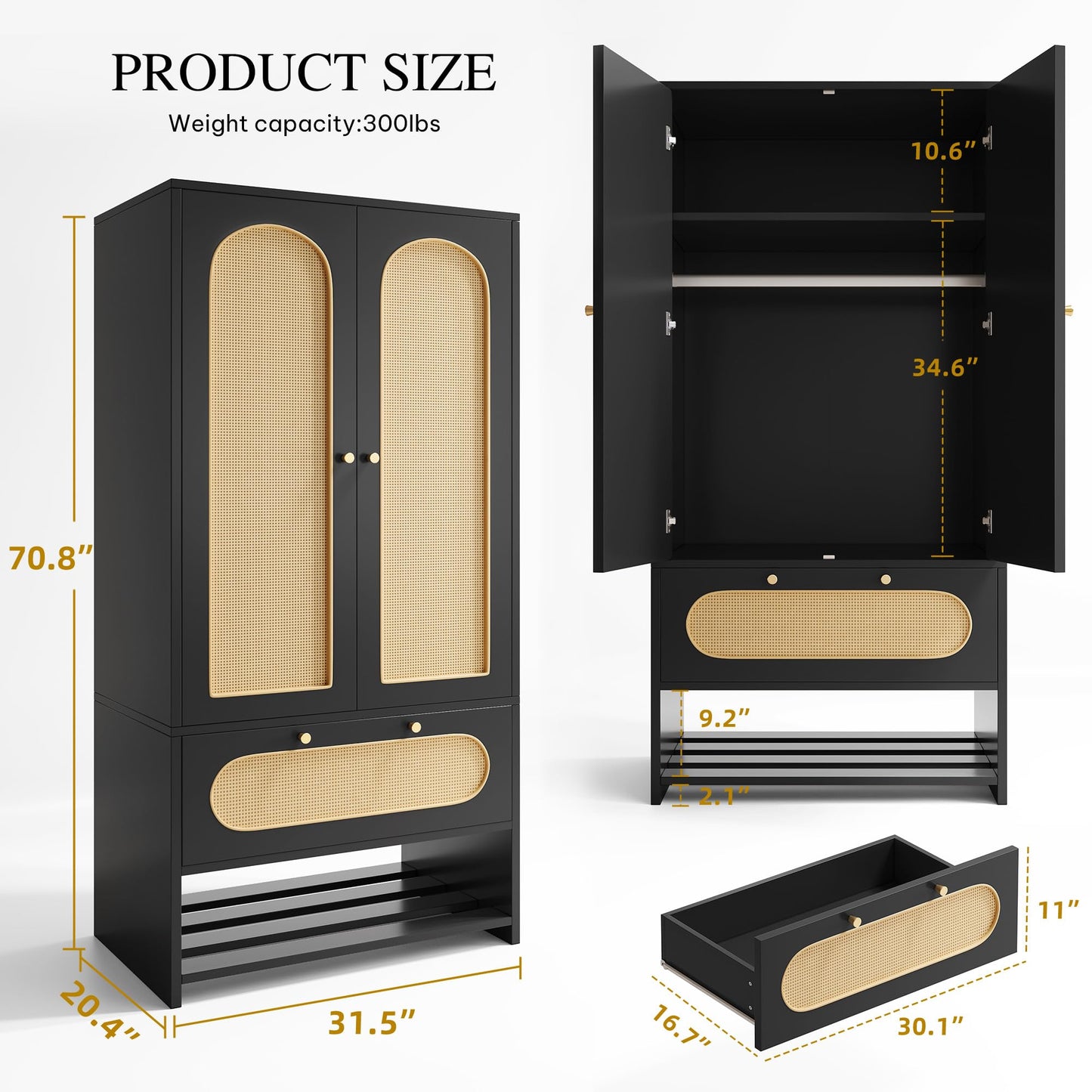 DWVO Rattan Armoire Wardrobe Closet - 70" Tall Rattan Closet with Doors, Large Storage Cabinet with Drawers & Hanging Rod - Black