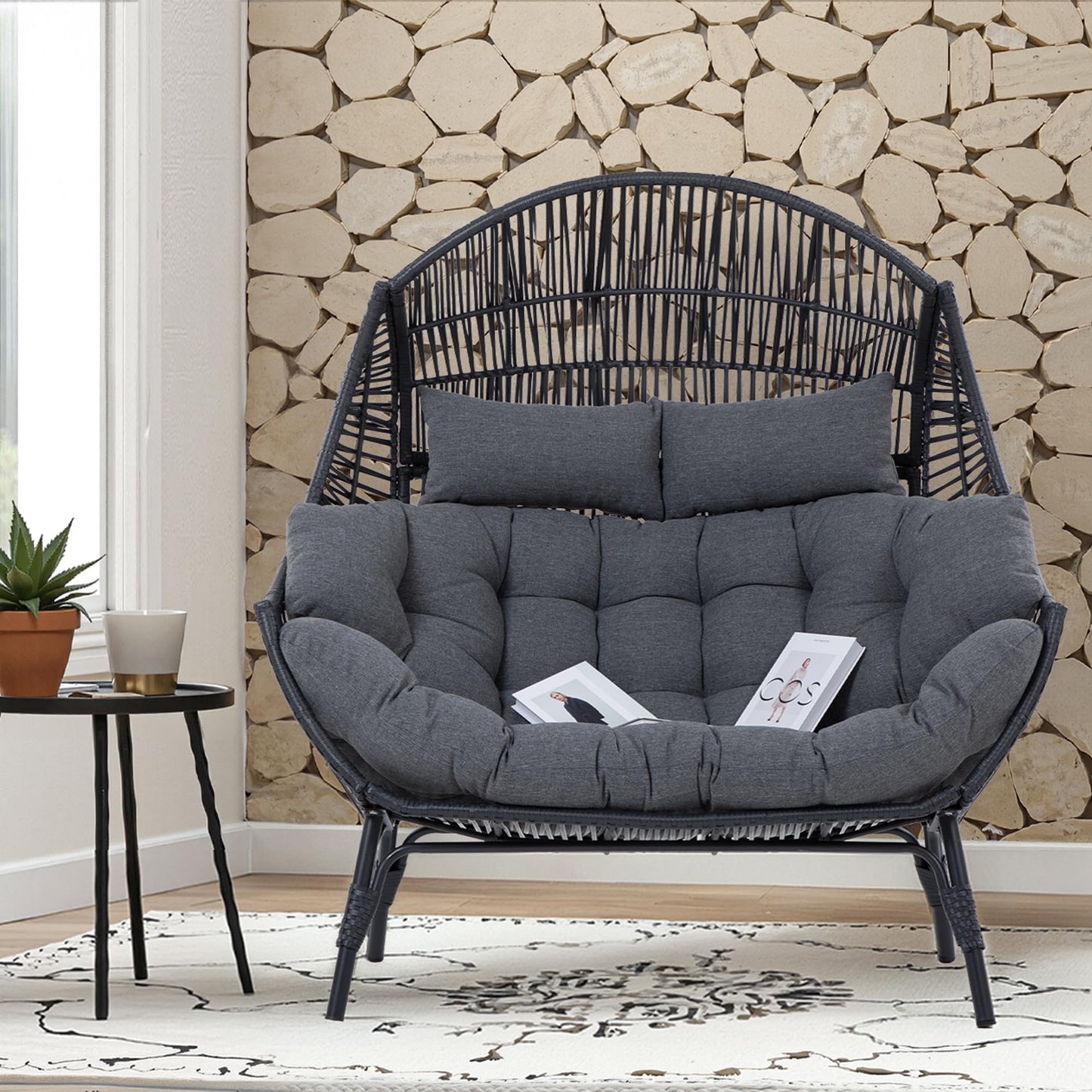 IRONCK Double Egg Chair Outdoor, 2 Person Wicker Lounge Chair, Oversized Thickened Padded Cushions and Headrests, 680 Lbs Egg Loveseat for Indoor, Patio, Living Room, Porch, Balcony, Dark Grey