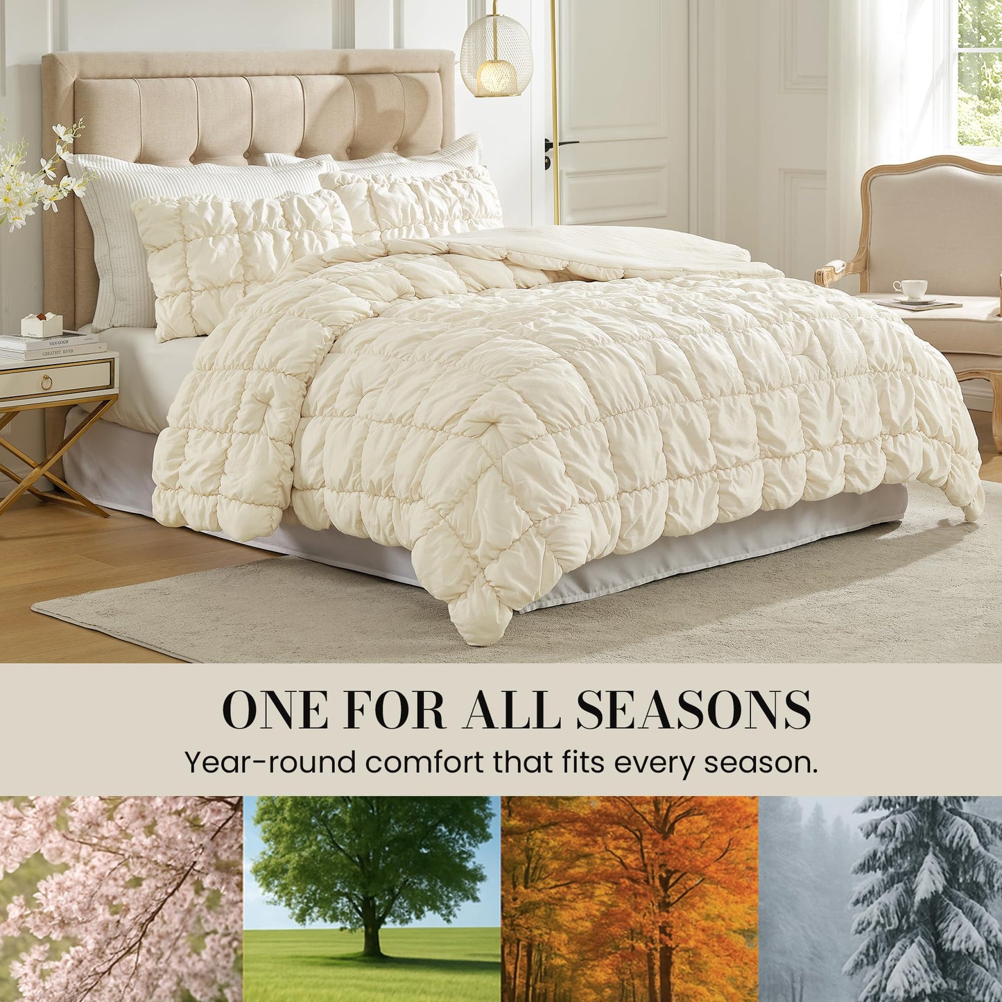 Amélie Home Beige Comforter Set King, Bubble Lightweight Bed Set King Size for All Seasons, 3 Pieces, Bedding Set with Comforters and Pillow Cases
