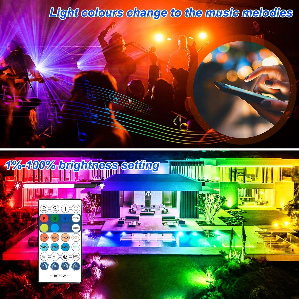 RGB LED Flood Light Outdoor 1000W Equivalent, 100W Bluetooth RGBCW Smart Floodlights 2700K, 16 Million Color Changing, Timing, Music Sync, IP66 Waterproof Landscape Light with US Plug (4 Pack)