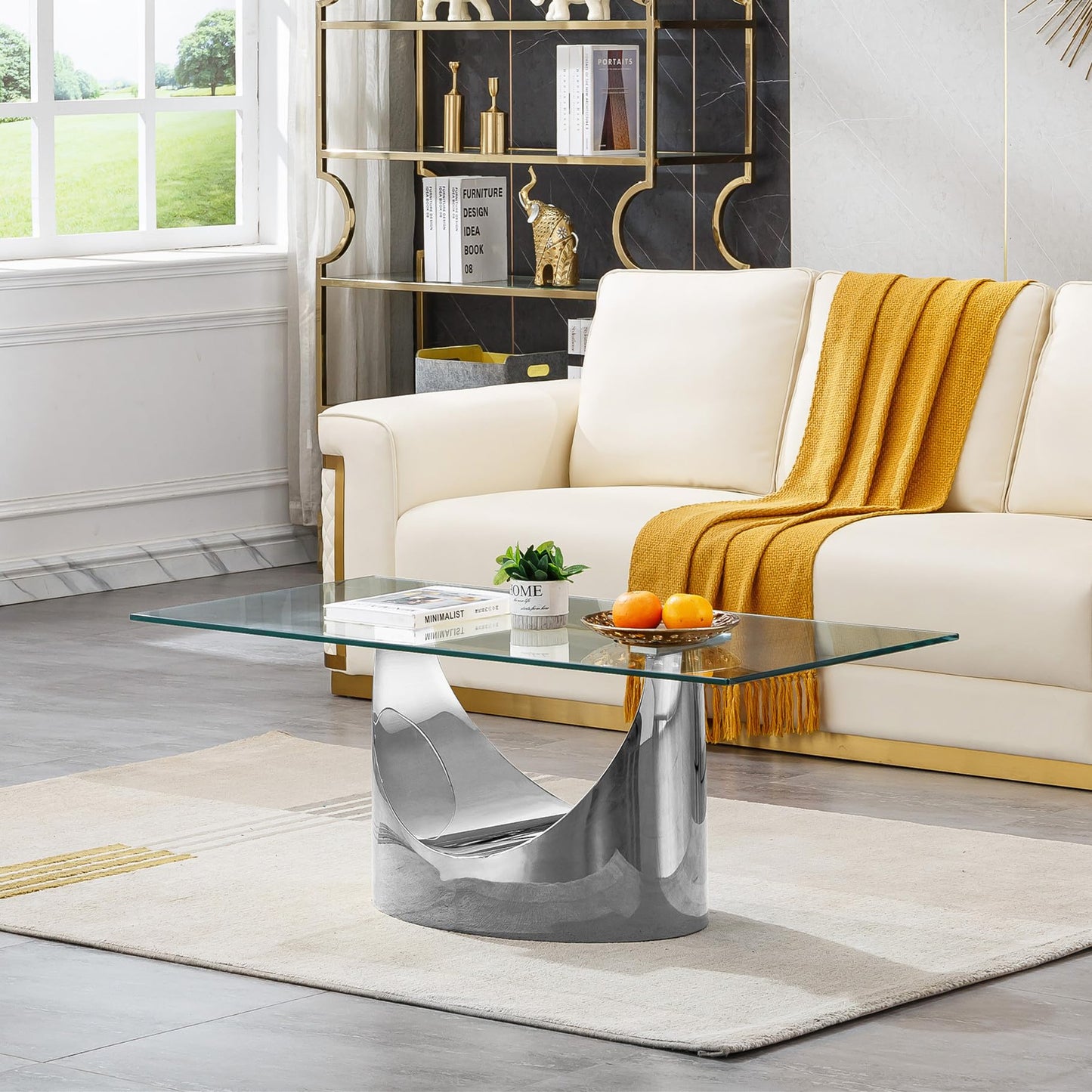 SSLine Modern 1 Piece Living Room Coffee Table Luxury Silver Glass Coffee Table with Sturdy Stainless Steel Base for Living Room Bedroom Office (1 Coffee Table)