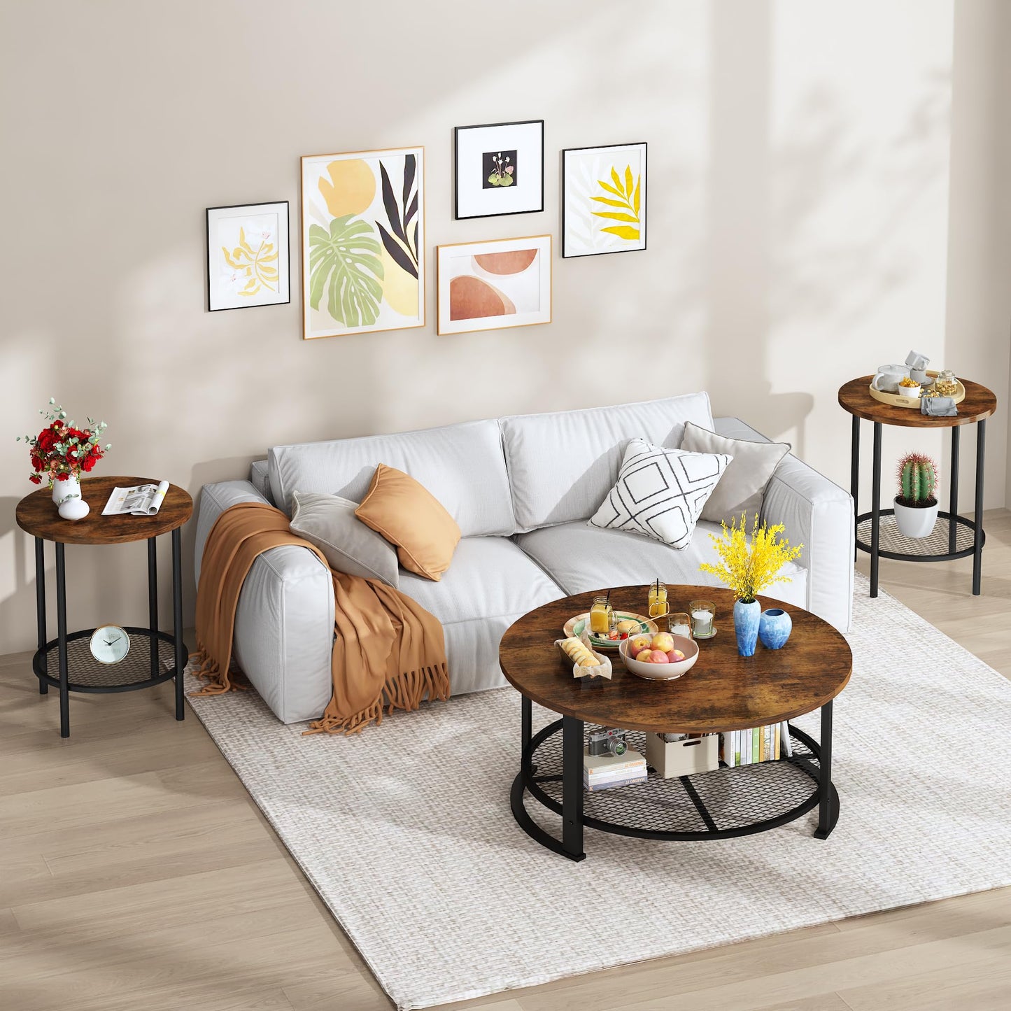 DKLGG 3-Piece Coffee Table and End Table Sets for Living Room, Round Coffee and End Table Set of 3 with Large Storage, Modern Farmhouse Furniture for Apartment Home (Rustic Brown)