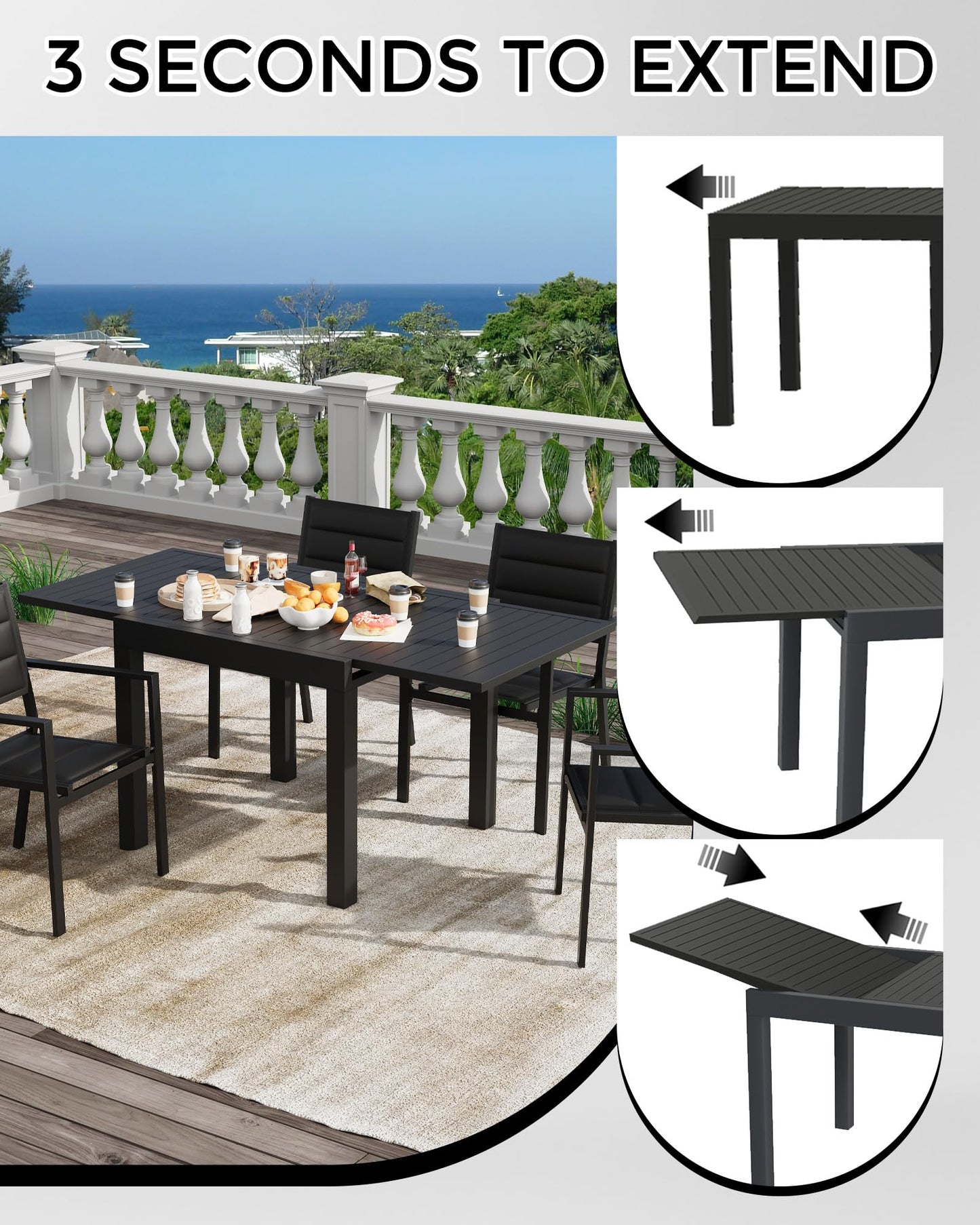 Expandable Patio Table for 4-6 Persons, Extentable Outdoor Dining Table Set 31.5”-63”, Aluminum Slat Frame, Rectangular, for Porch, Deck, Garden, Pools, Table, Grey
